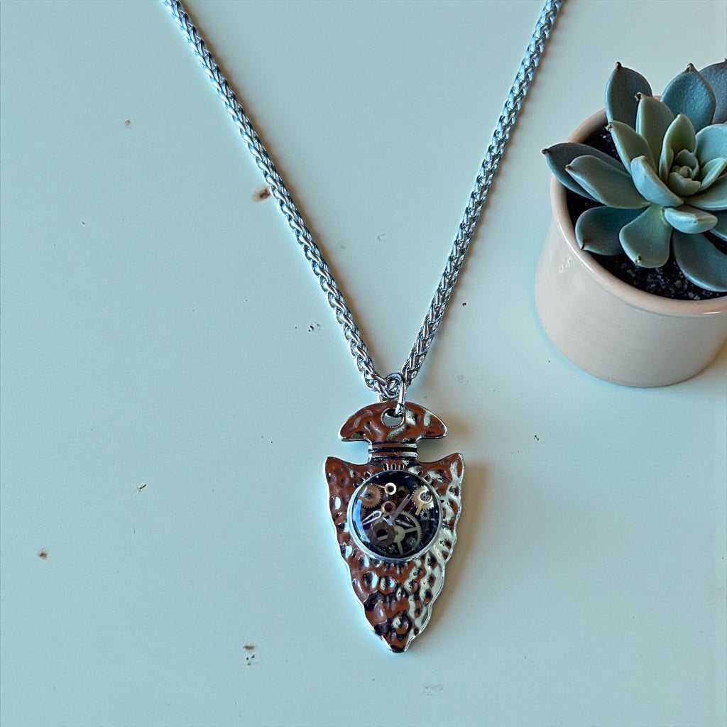 Steampunk watch parts arrow head mens necklace