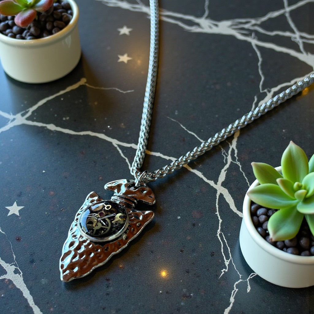 Steampunk watch parts arrow head mens necklace