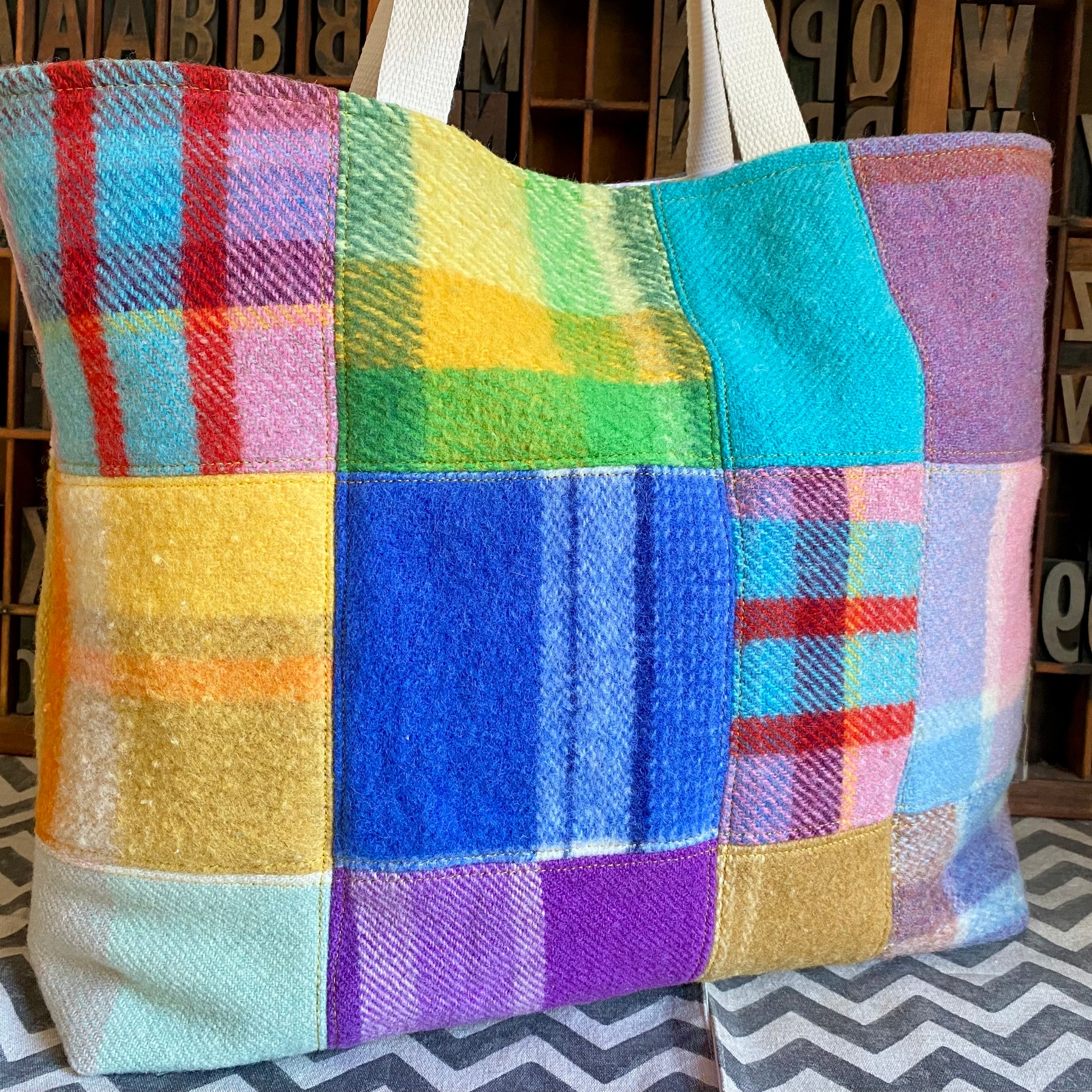 Upcycled Woollen Blanket - Market Tote - Patchwork