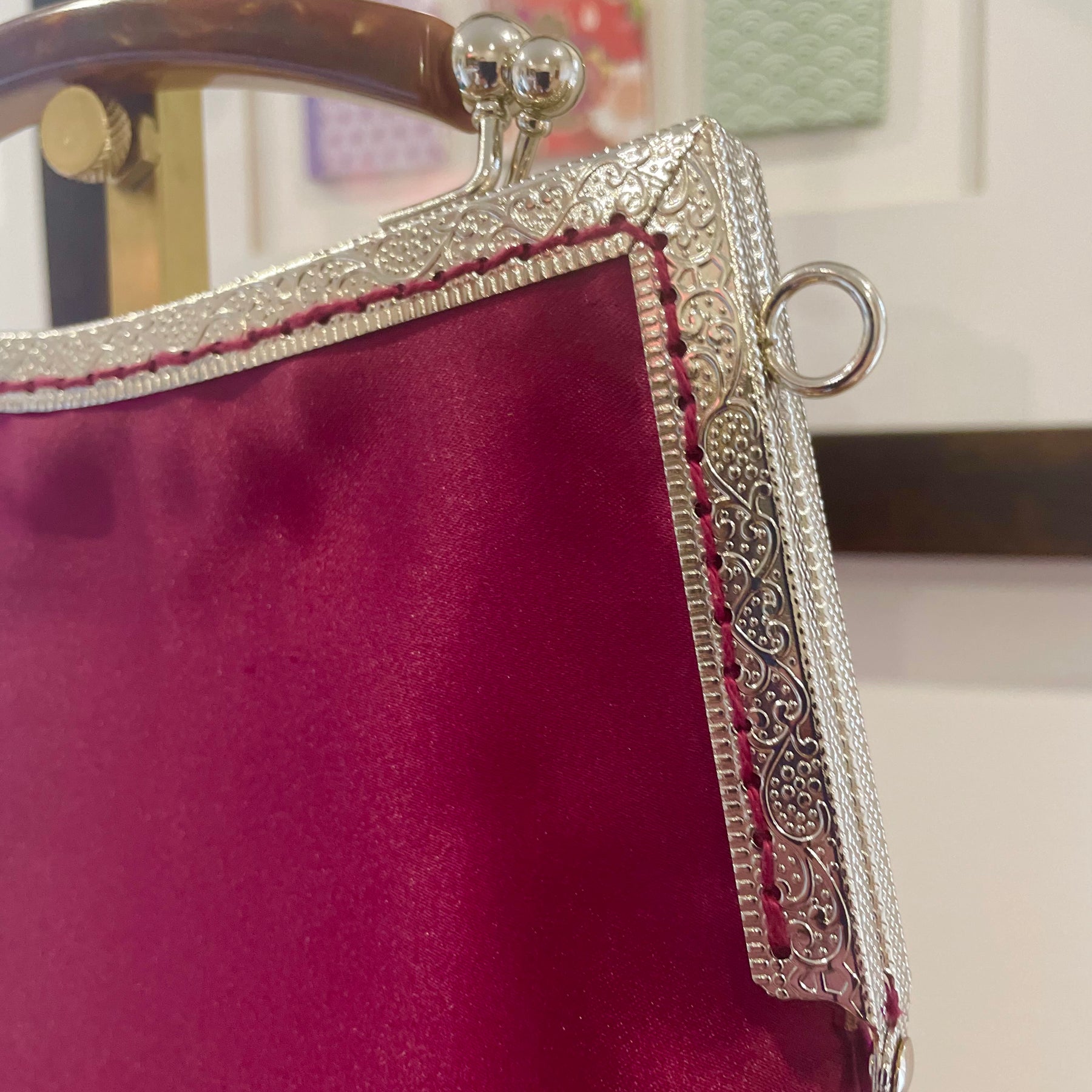 Handmade Plum Satin Handbag, Cherry Blossom Embroidery