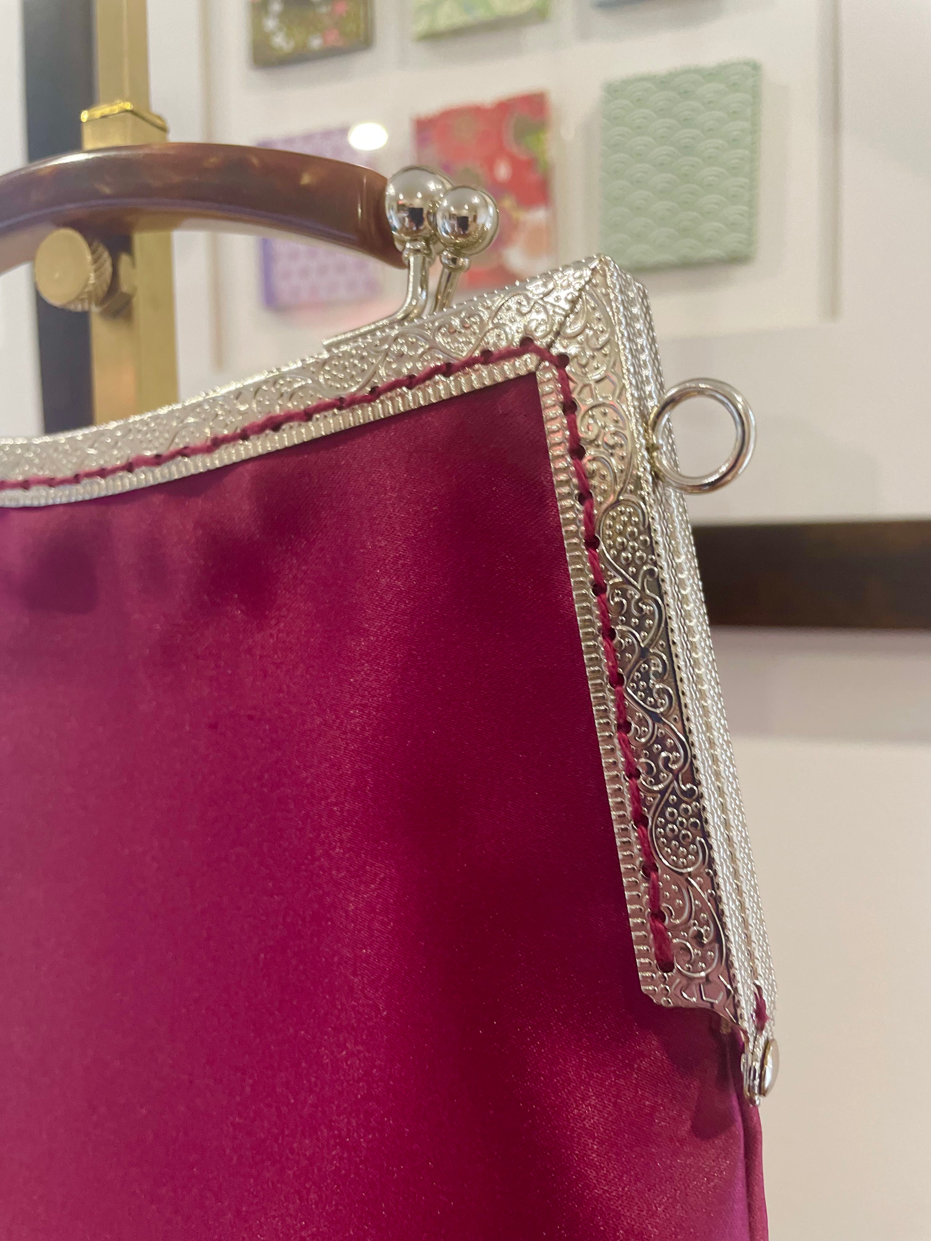 Handmade Plum Satin Handbag, Cherry Blossom Embroidery