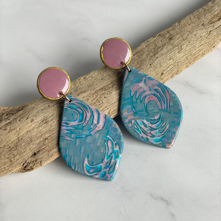 Polymer Clay Teardrop Stud Drop Earrings – Teal & Pink
