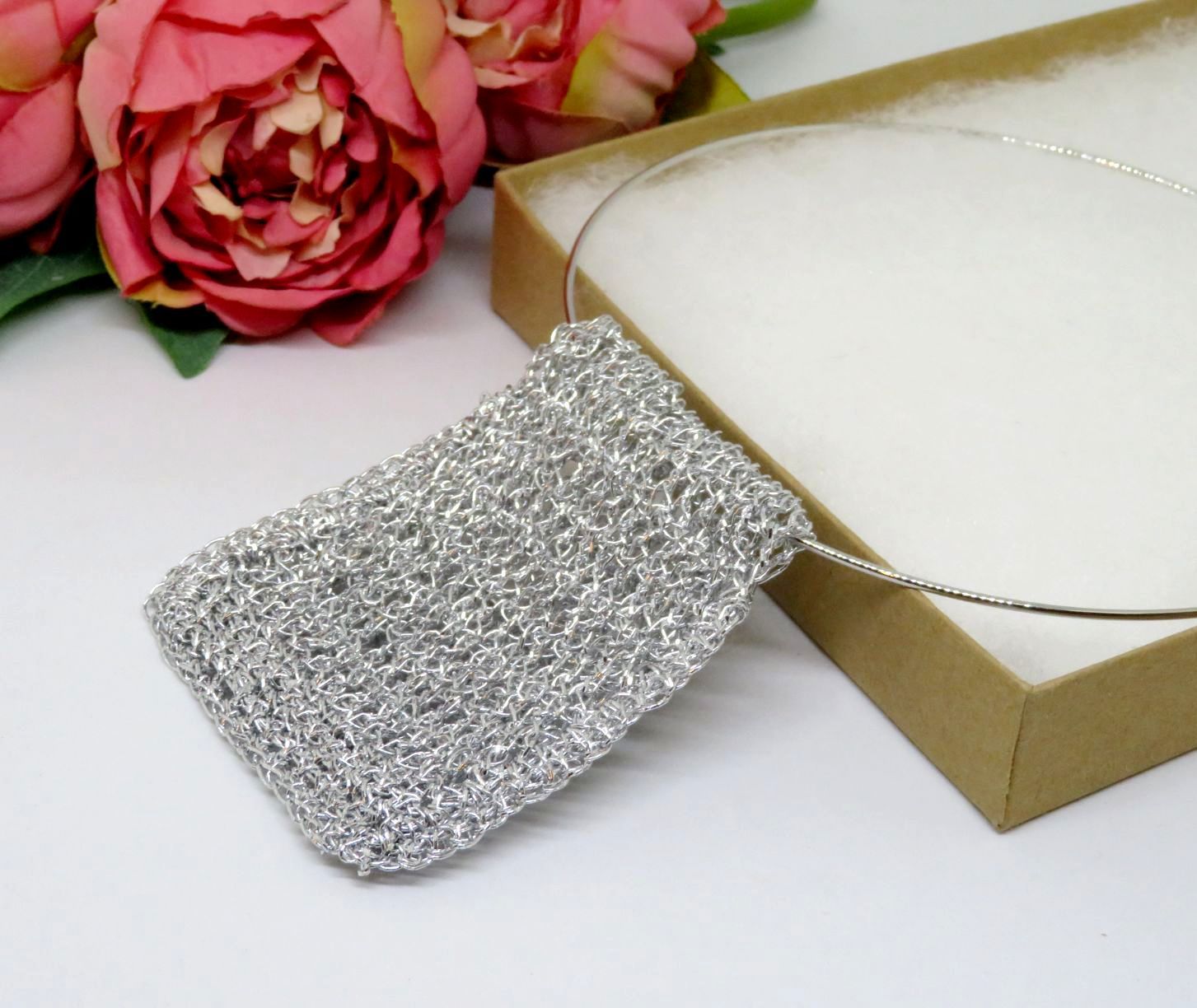 Bespoke Handmade Silver Shimmer Crochet Pendant Choker Necklace