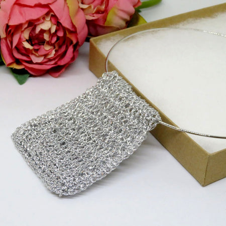 Bespoke Handmade Silver Shimmer Crochet Pendant Choker Necklace