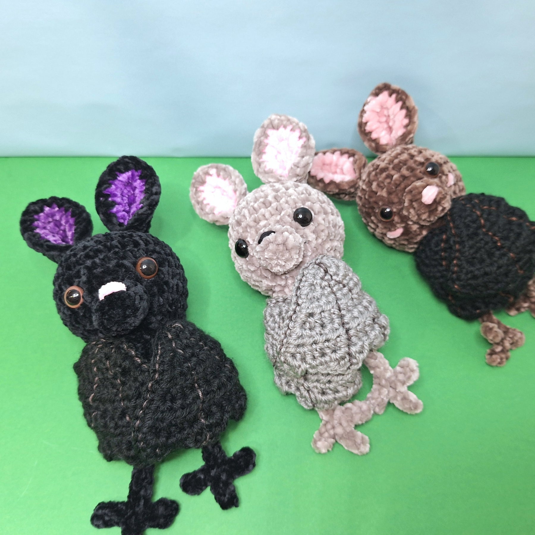 Soft, grey velvet crocheted fruit bat