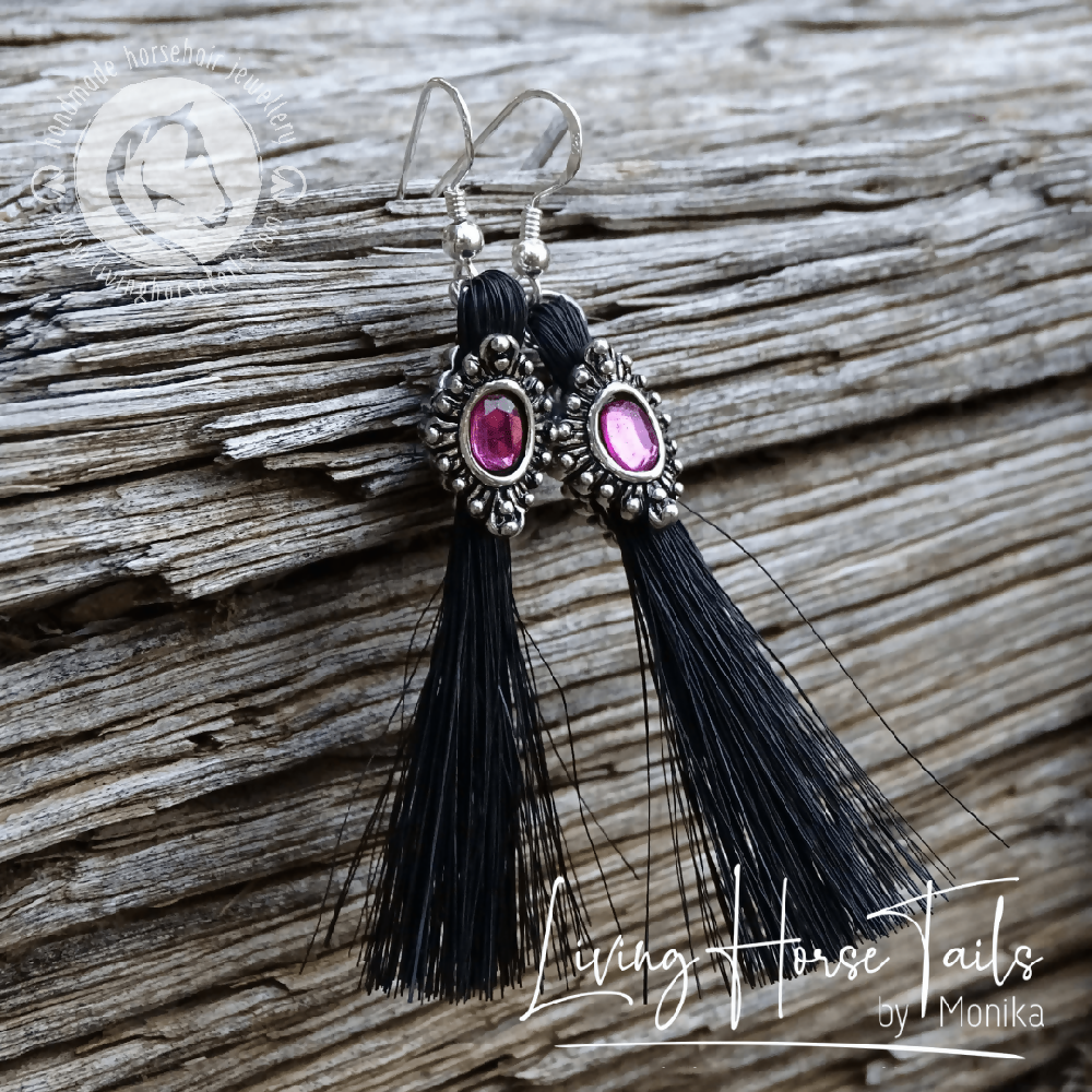 Bling Rhinestone Horse Hair Tassle Earrings - Fuchsia