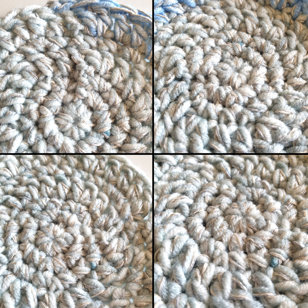 Hand crocheting Simple Round Coaster : Blue Green W Gold Silver