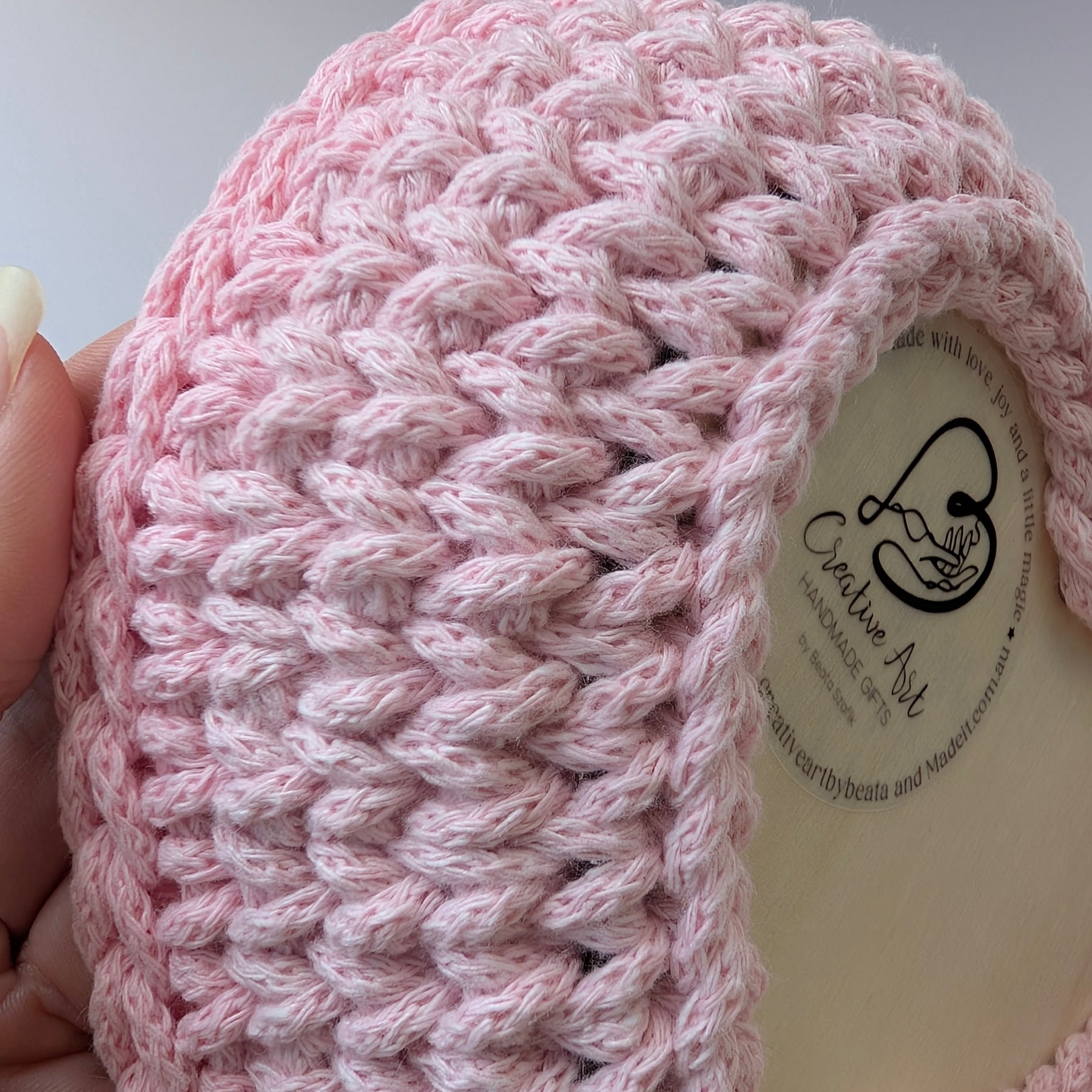 Crochet Heart Trinket Basket with Wood Base- two pink tones