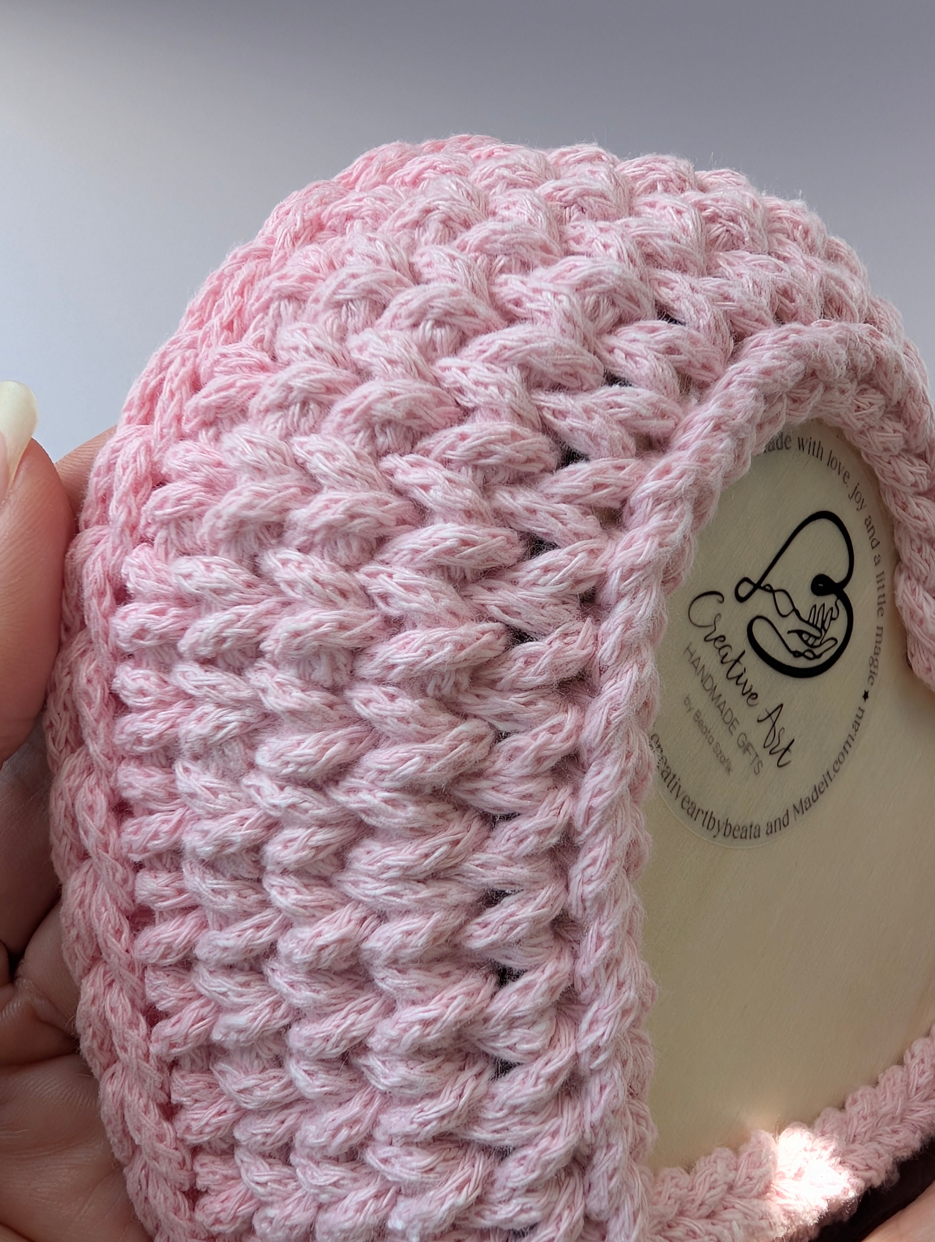 Crochet Heart Trinket Basket with Wood Base- two pink tones