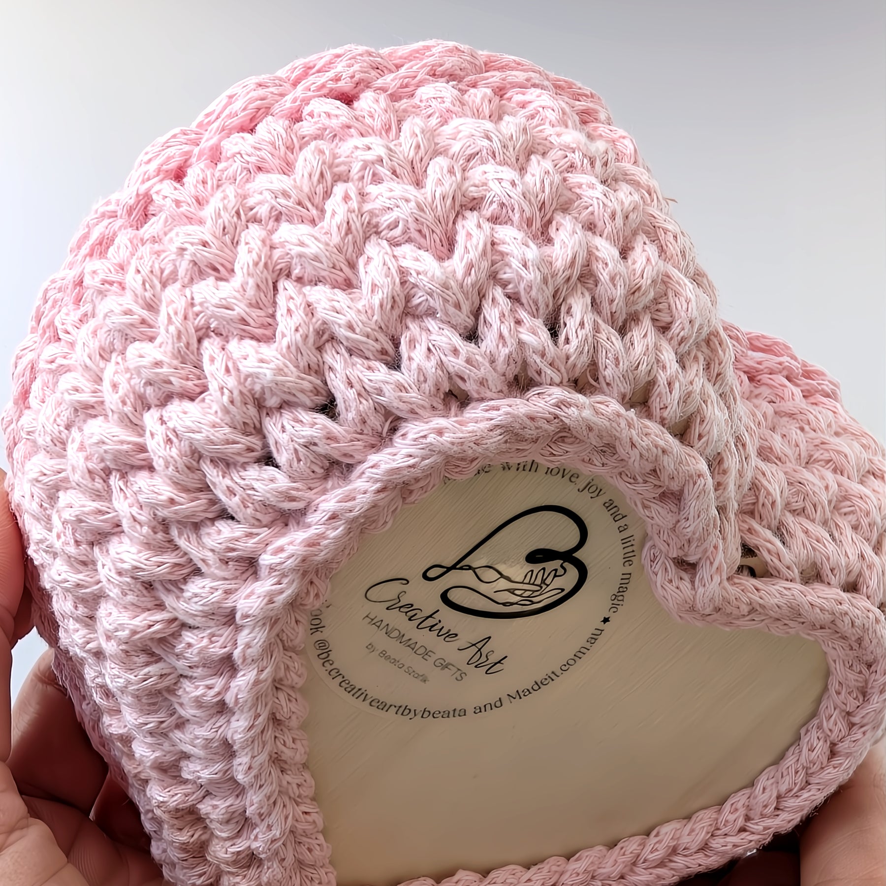 Crochet Heart Trinket Basket with Wood Base- two pink tones