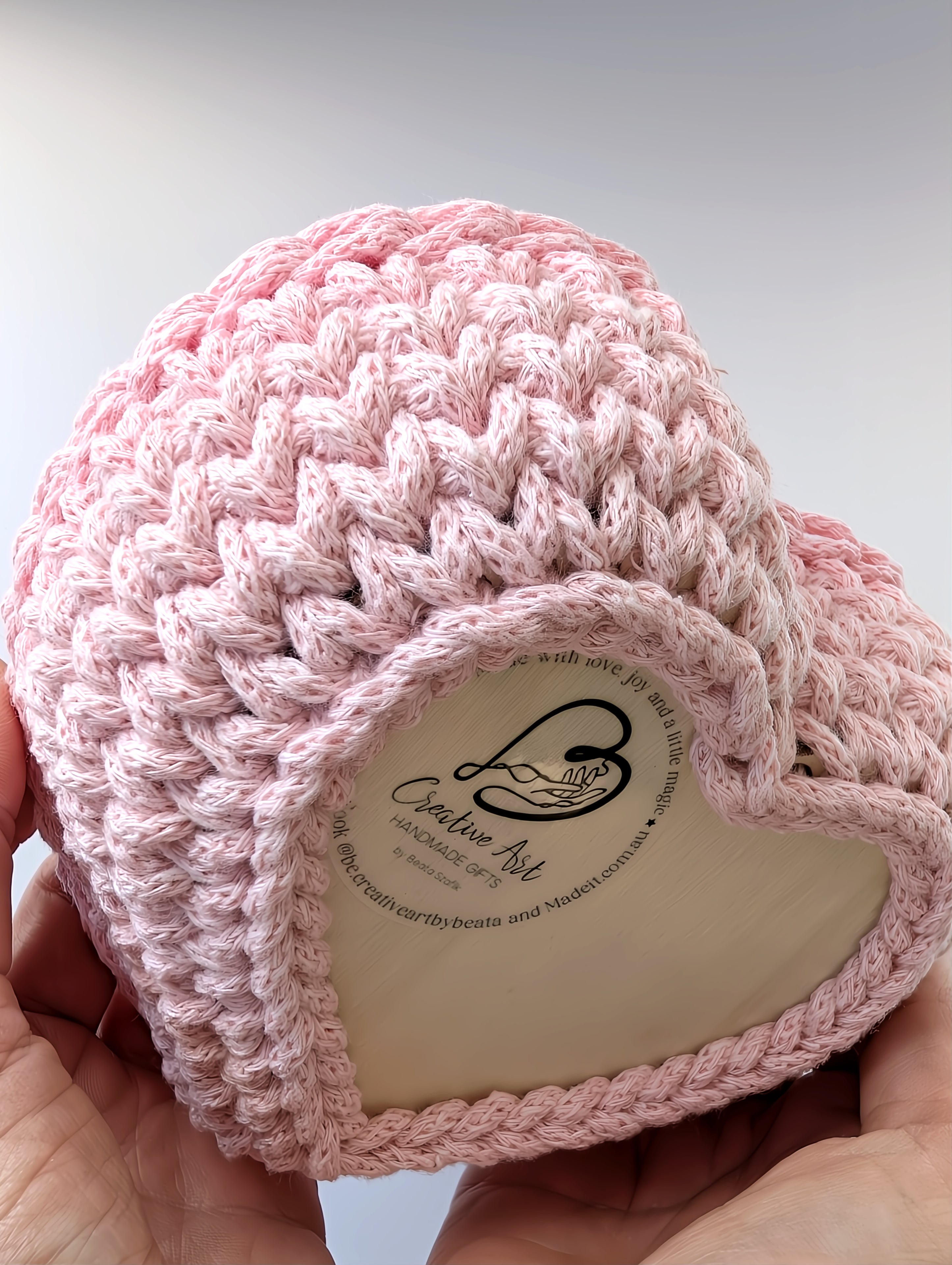 Crochet Heart Trinket Basket with Wood Base- two pink tones