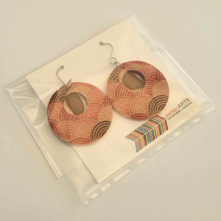 Hikari Woodglass Jewelry Series : Japanese Fabric Wooden Earrings with Sea Glass