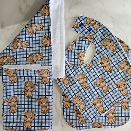 Navy Plaid Cow Bib Set