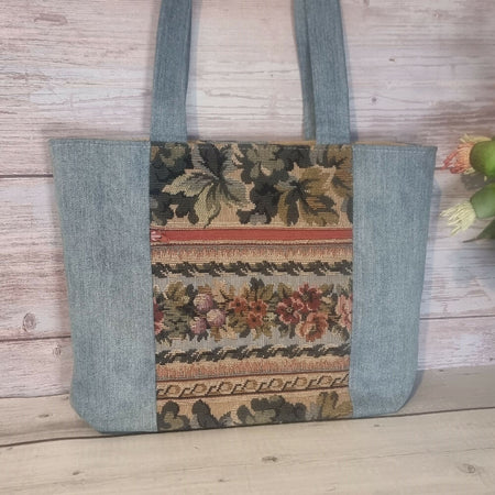 Upcycled small tote - denim & tapestry