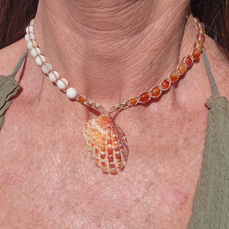 Arc Cockle Shell Necklace with Carnelian & Mop
