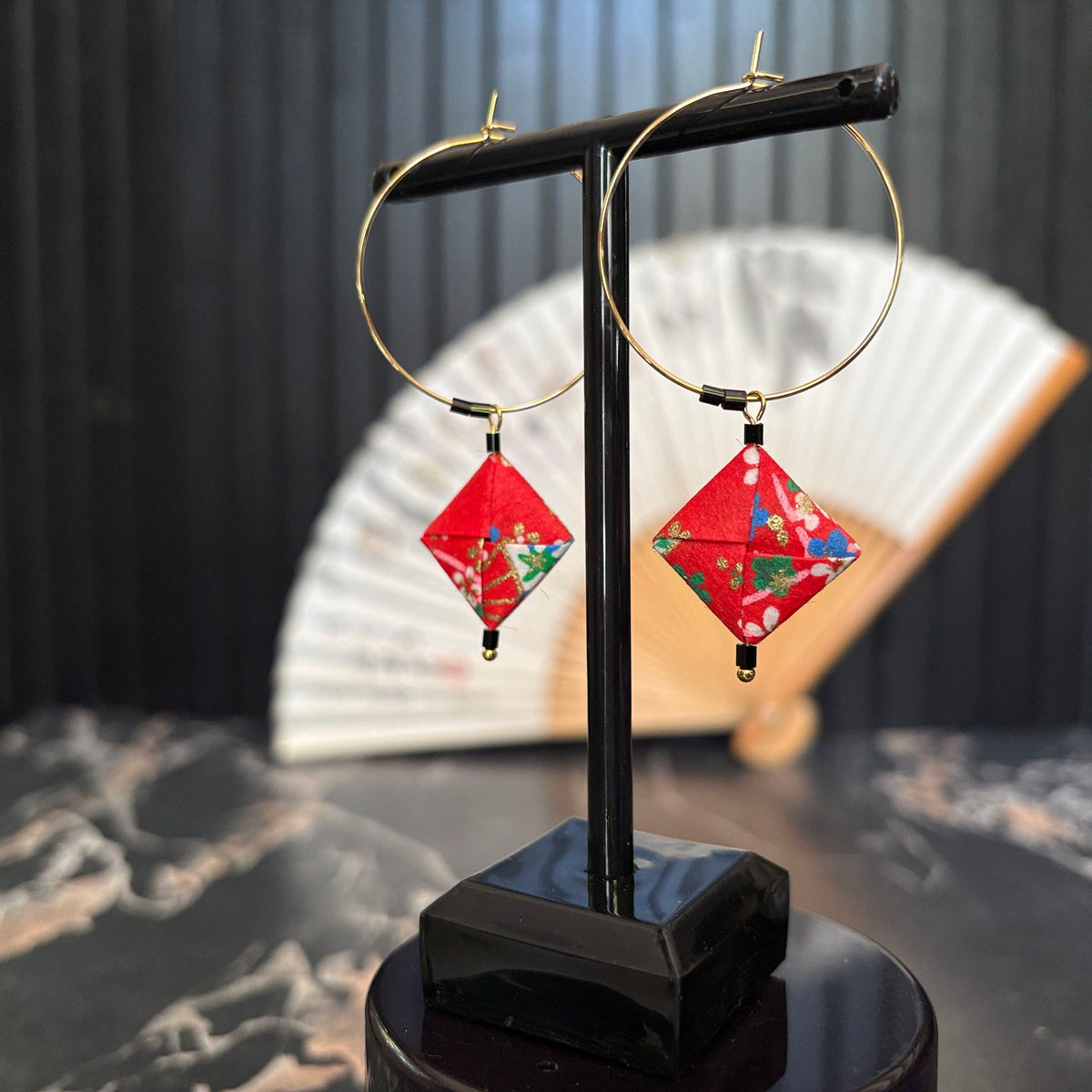 Origami Hoop Earrings – Red with Summer Florals – Japanese Yuzen Chiyogami