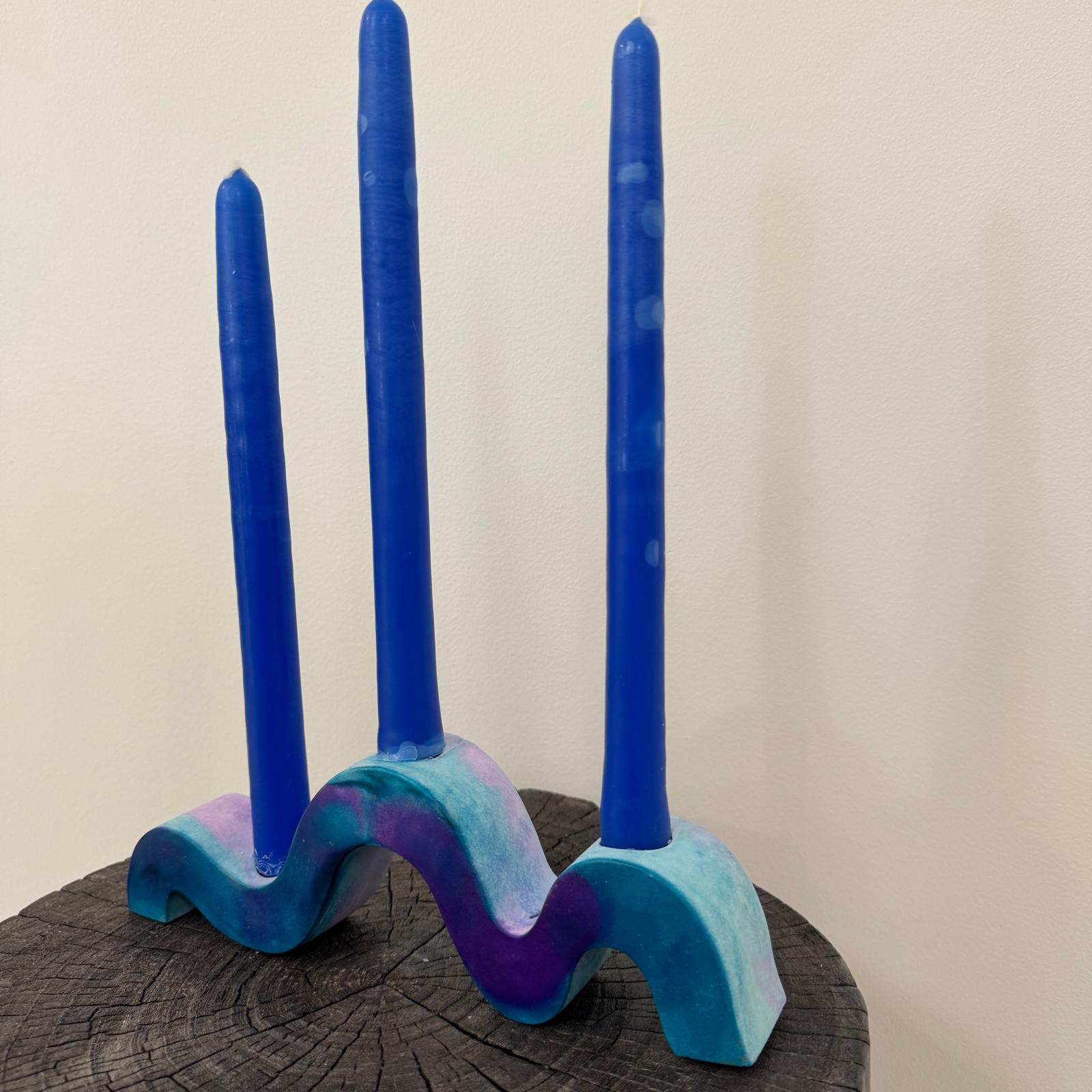 Indigo blue and purple wavy concrete holder for taper candles