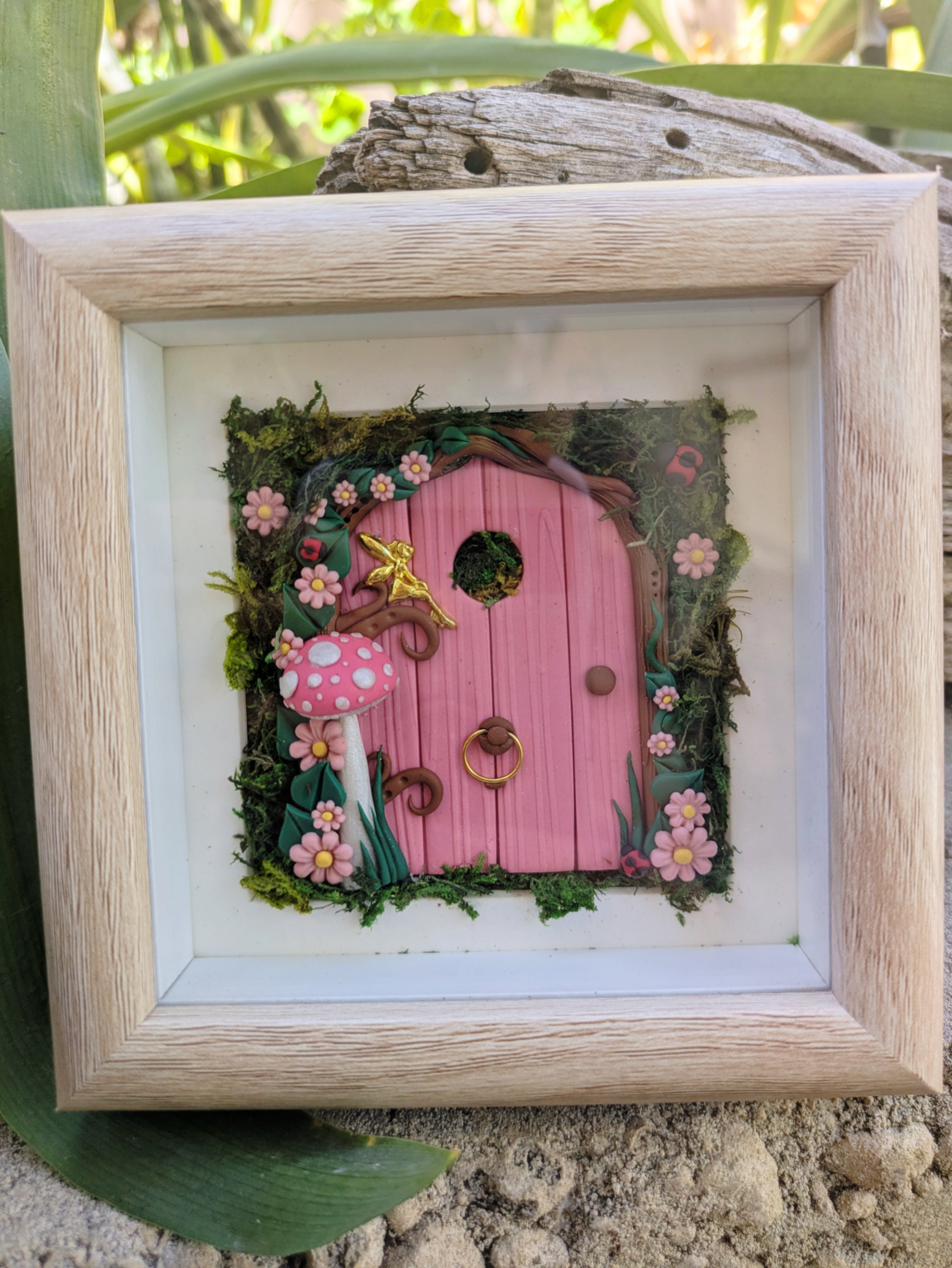 Pink Woodland Hand Sculpted Fairy Door in Shadow