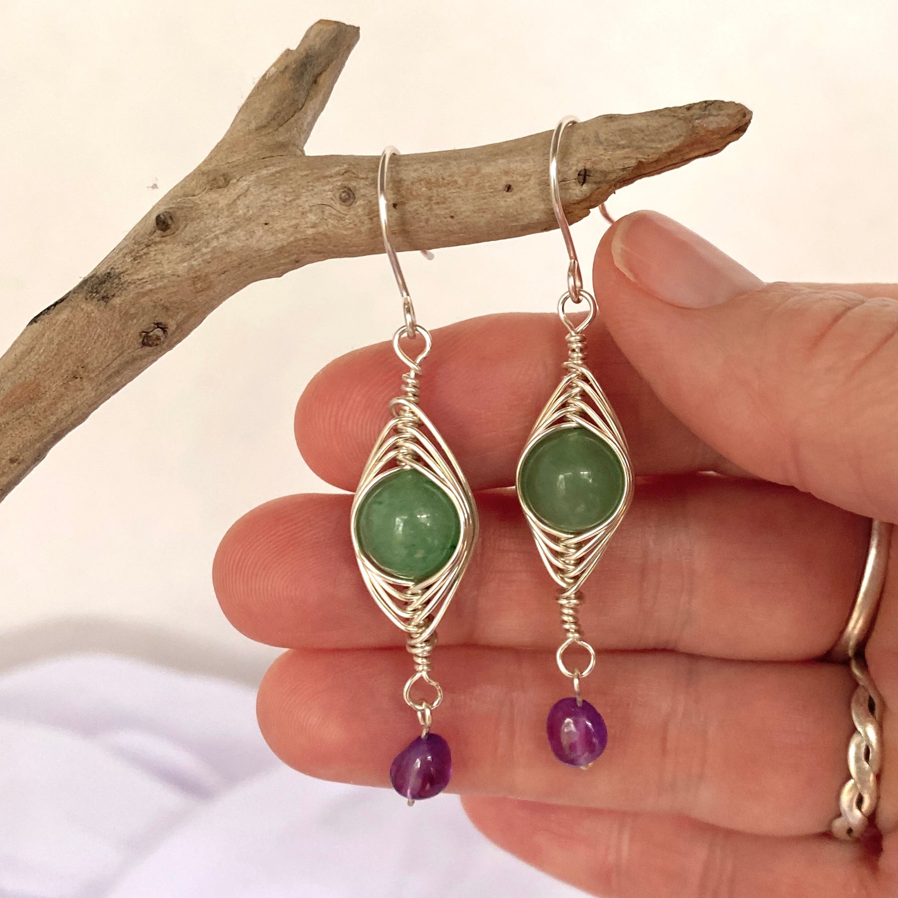 Green Aventurine and Amethyst Earrings | Gemstone Wire Wrap Jewellery