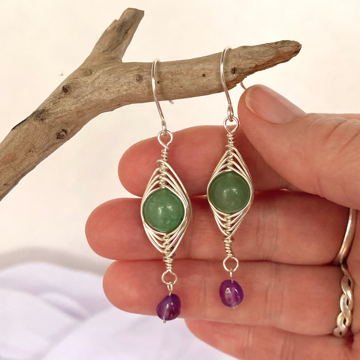 Green Aventurine and Amethyst Earrings | Gemstone Wire Wrap Jewellery