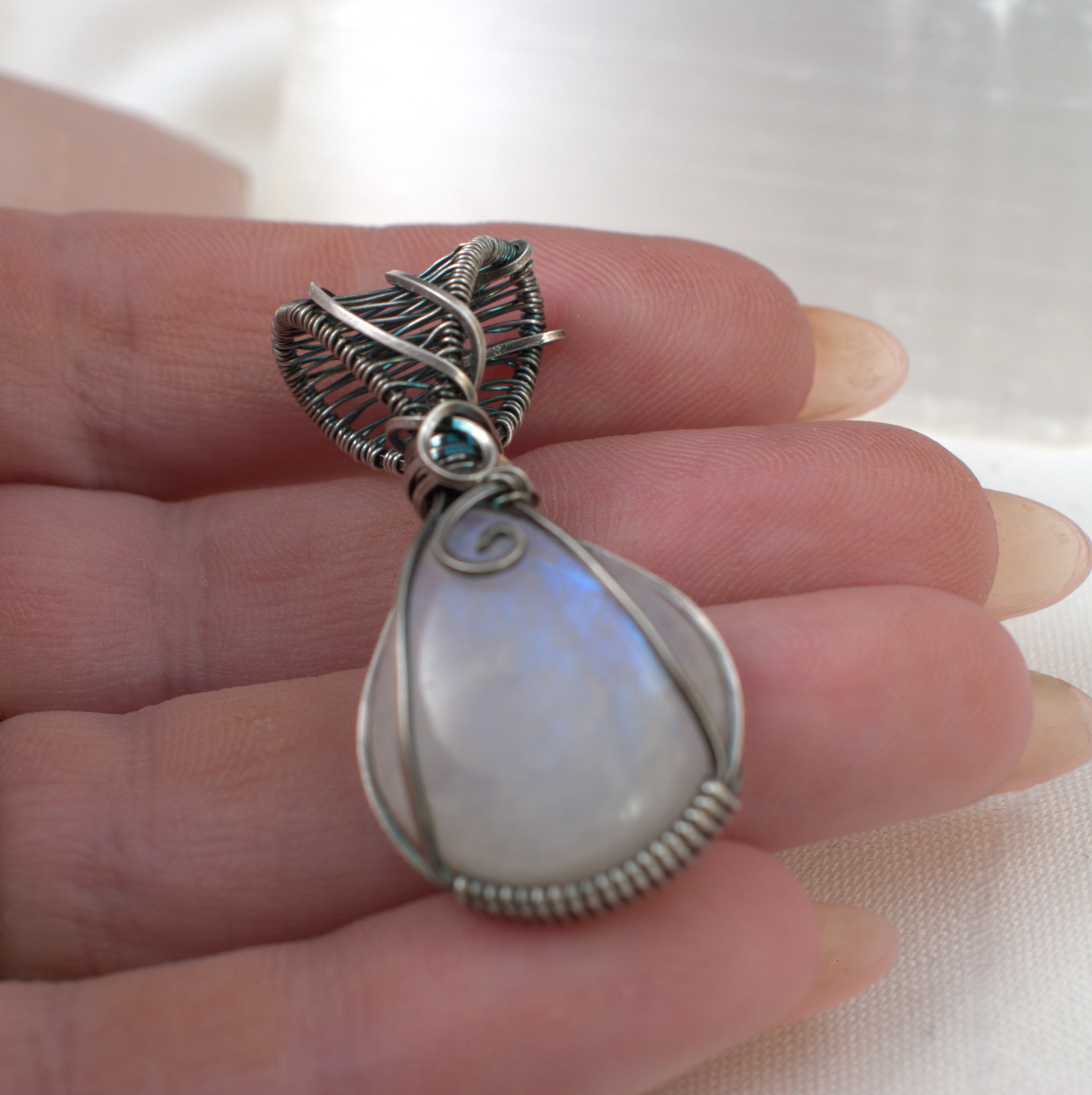 Moon Shadow – Rainbow Moonstone Pendant in Antiqued Silver