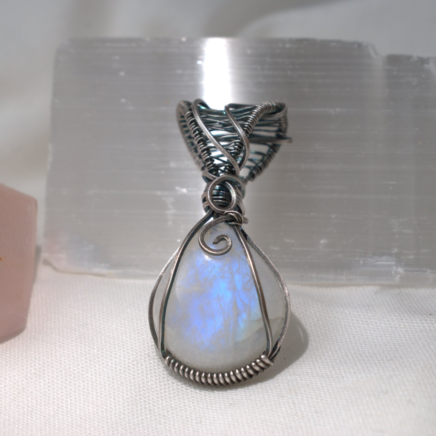 Moon Shadow – Rainbow Moonstone Pendant in Antiqued Silver