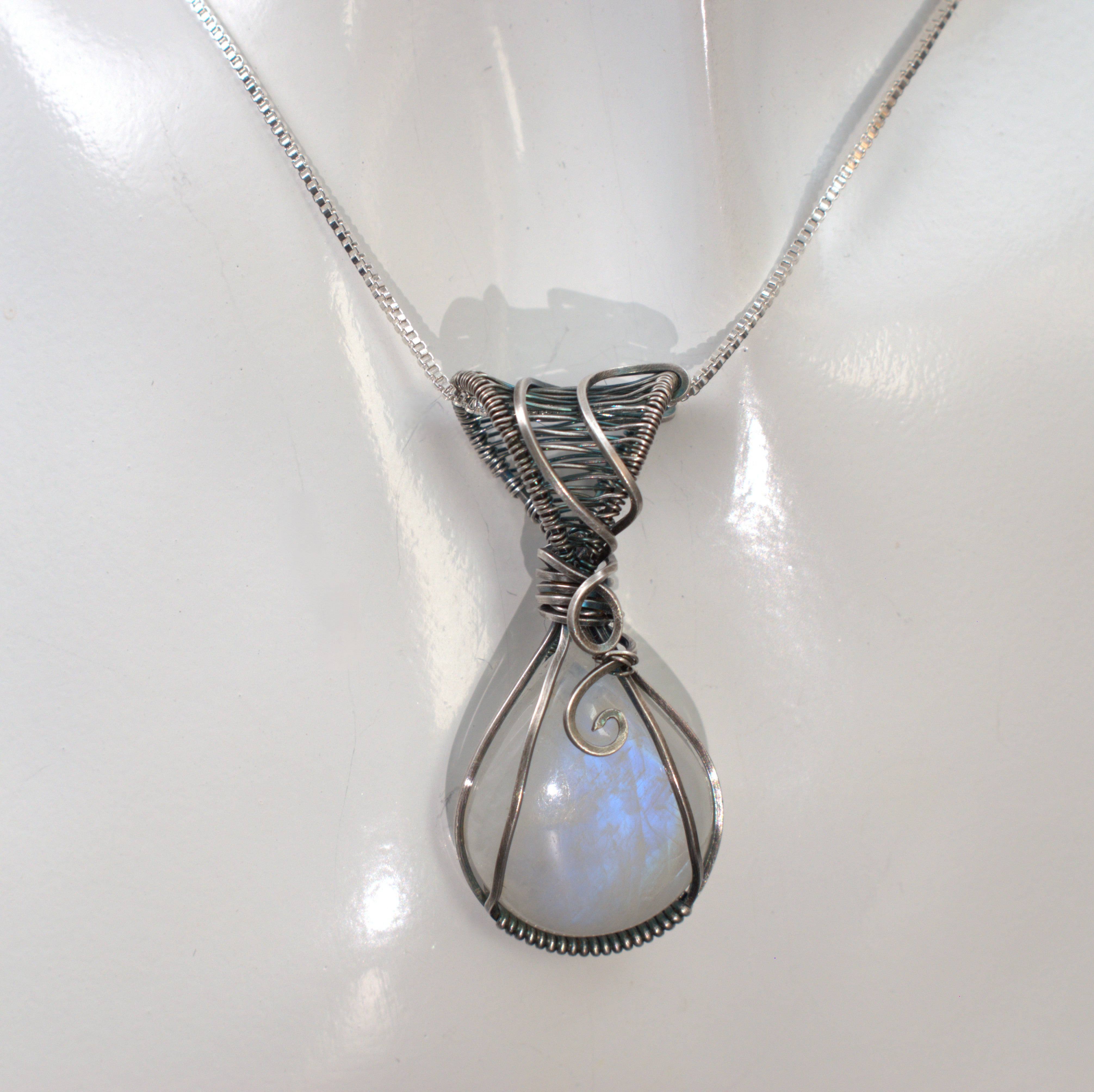 Moon Shadow – Rainbow Moonstone Pendant in Antiqued Silver