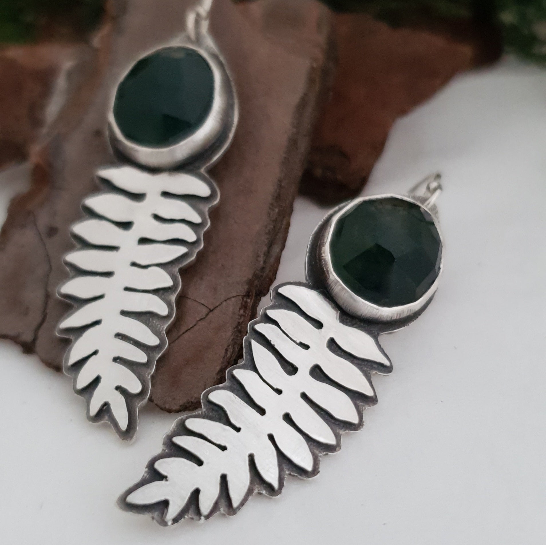 Silver fern earrings with moss agate