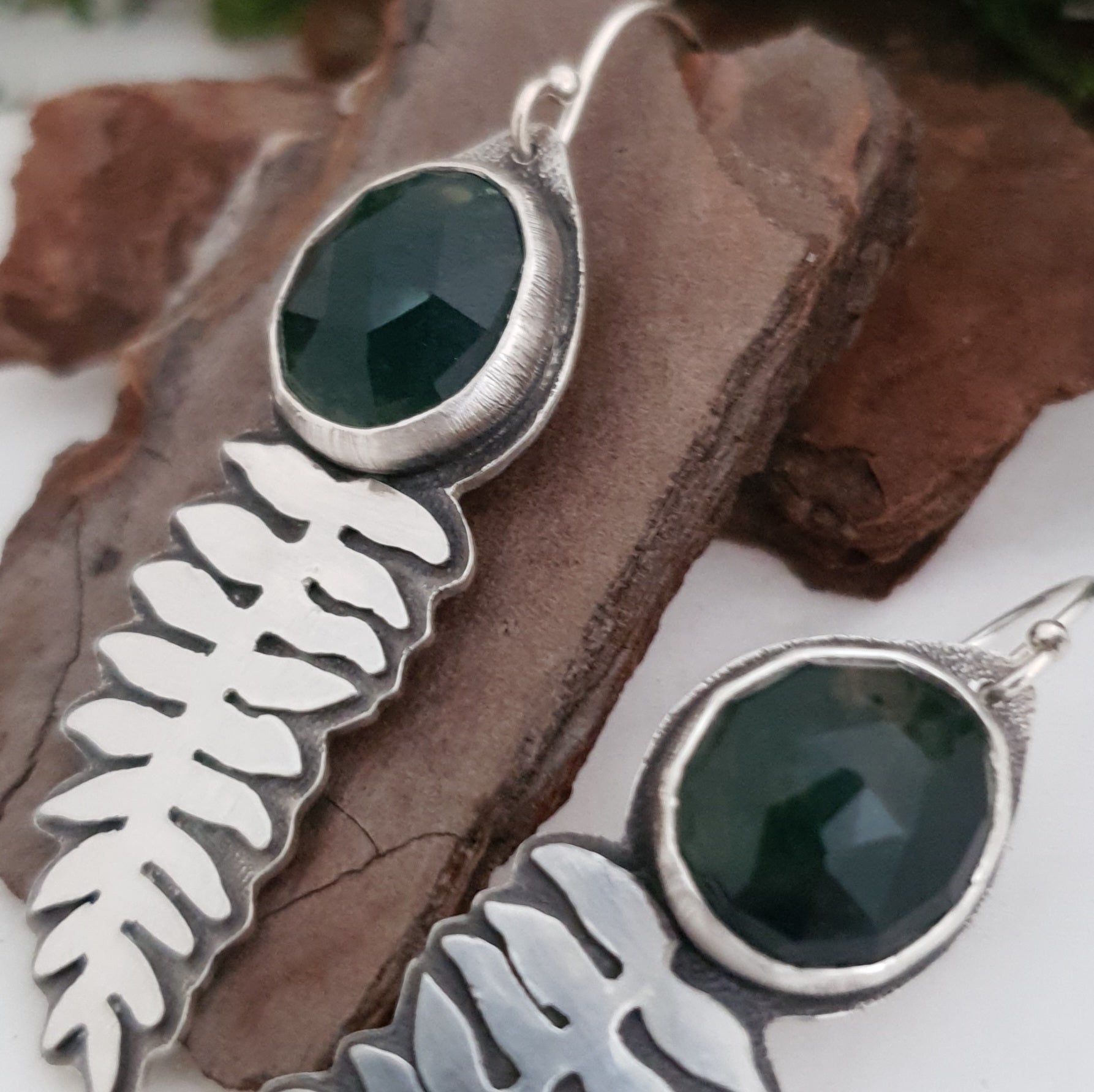Silver fern earrings with moss agate