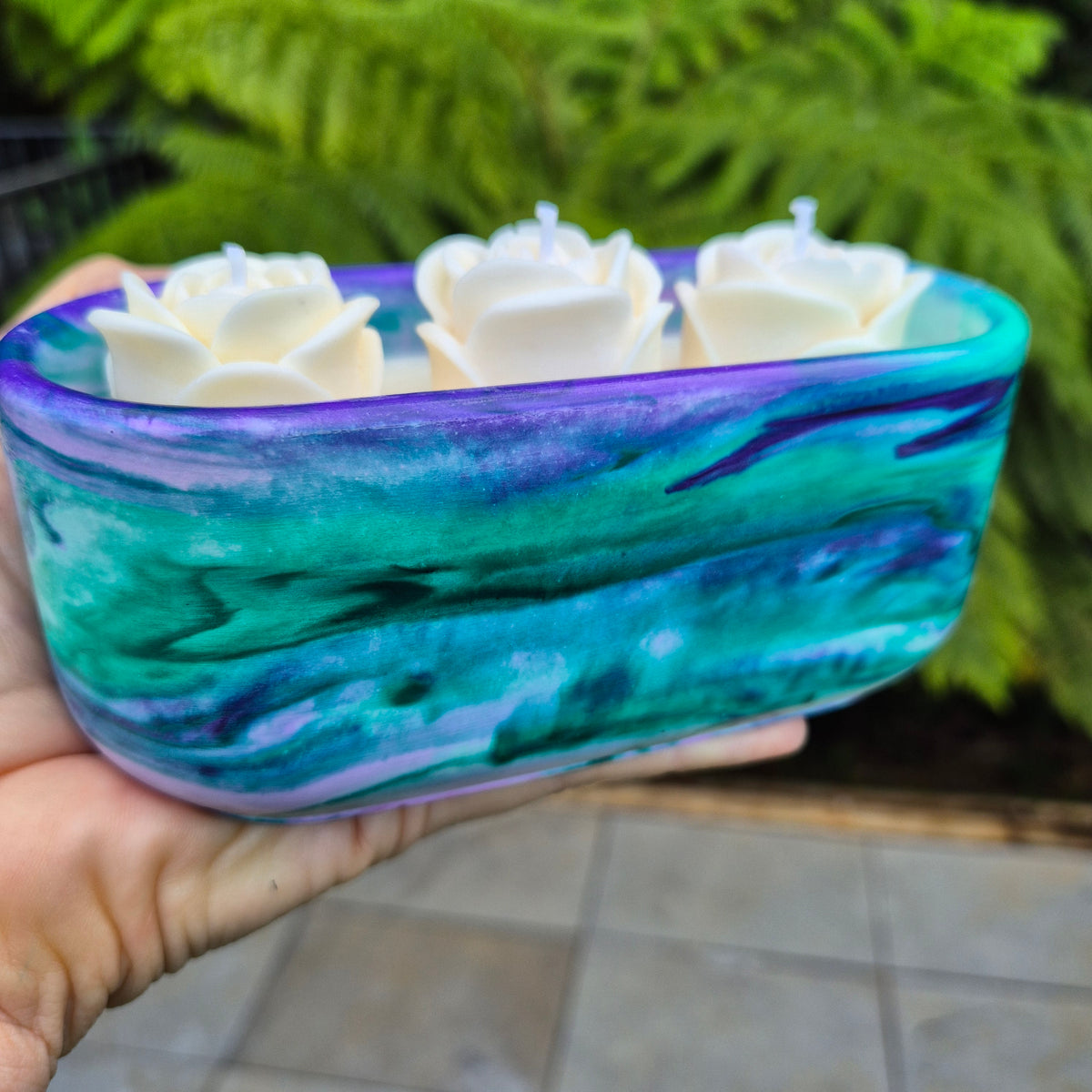 Green and purple concrete bowl candle with gardenia and roses