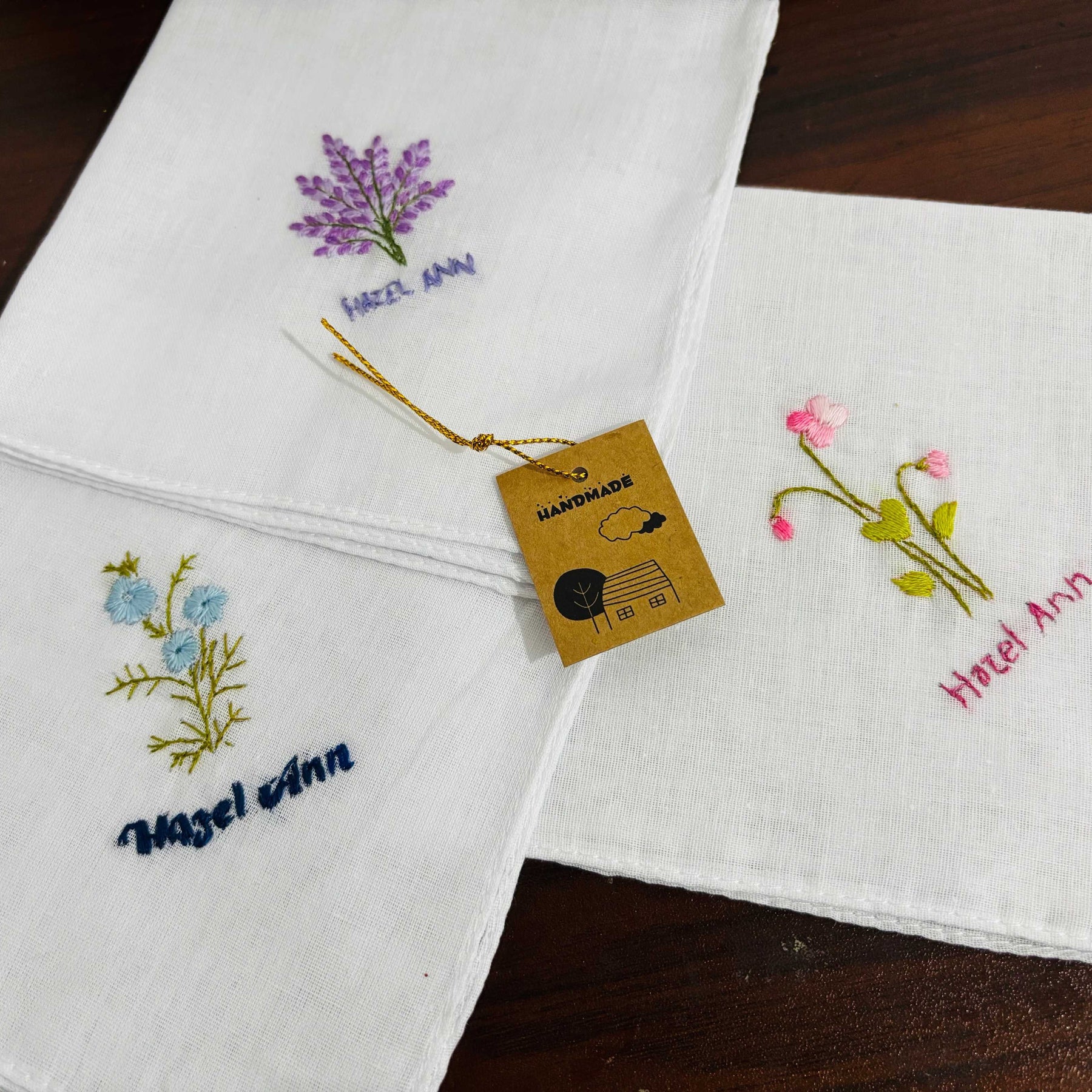 Set of 3 Personalized Hand Embroidered Handkerchiefs