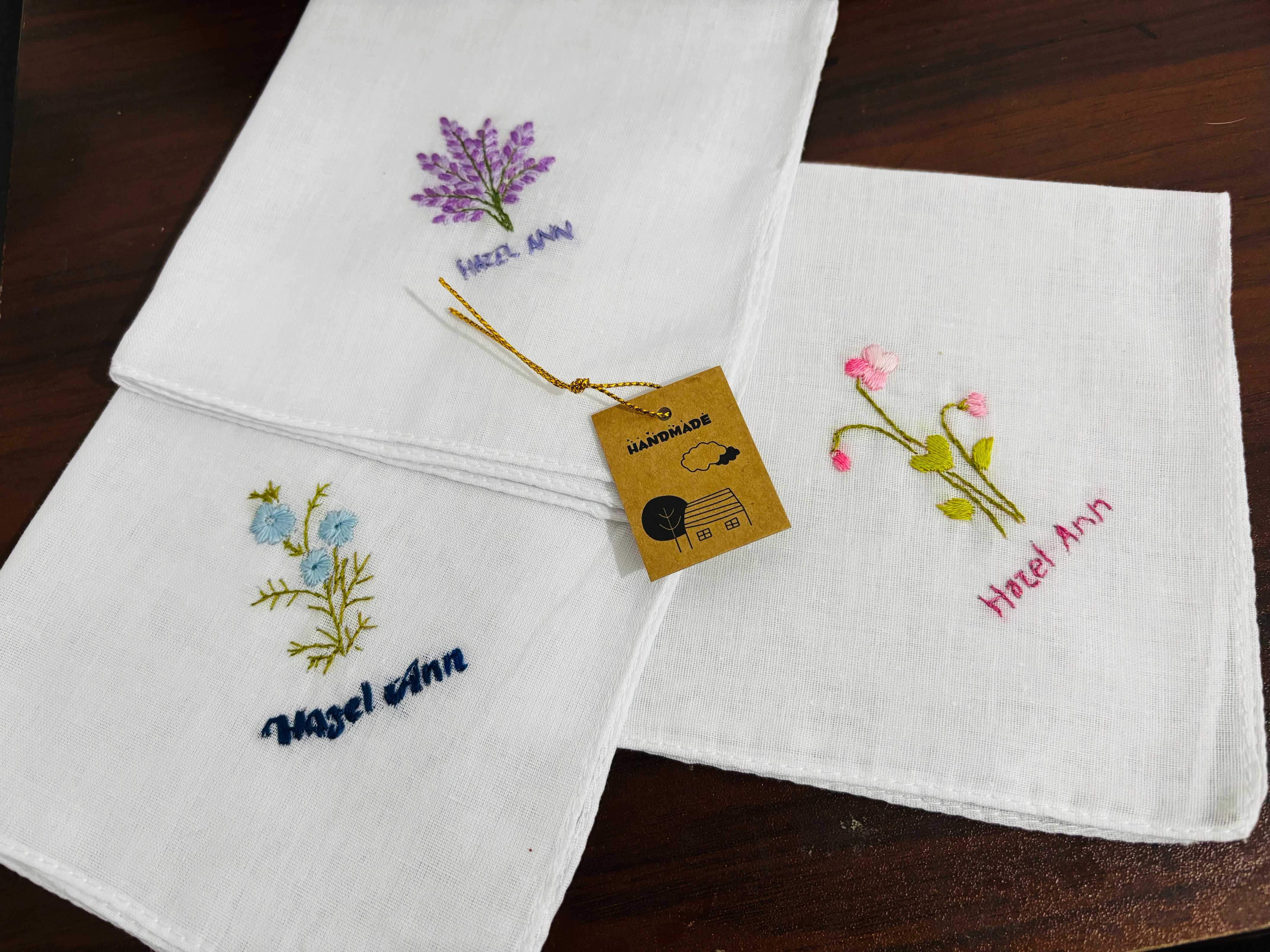 Set of 3 Personalized Hand Embroidered Handkerchiefs