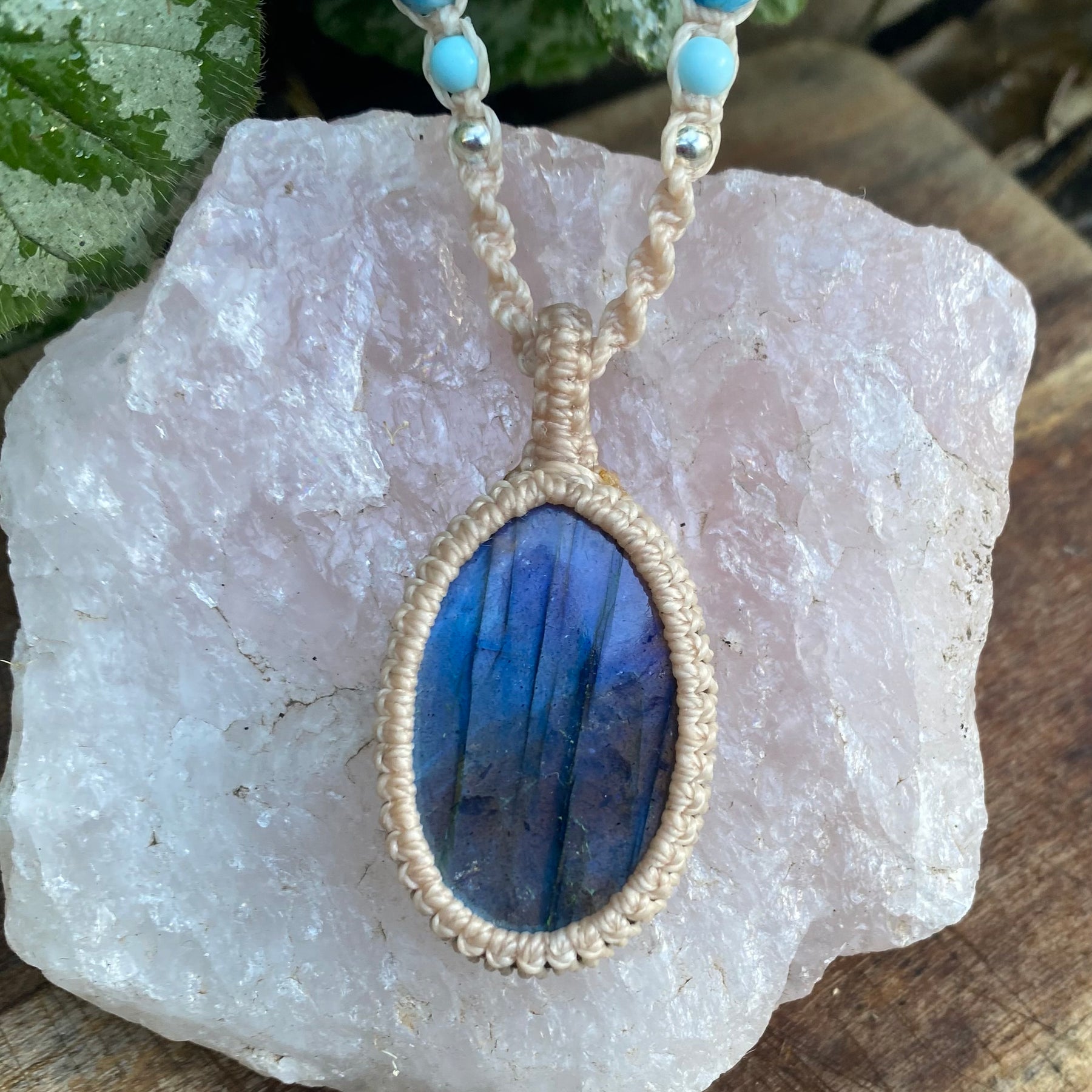 Blue Flash Labradorite Pendant: Beaded Macrame necklace, Adjustable Boho