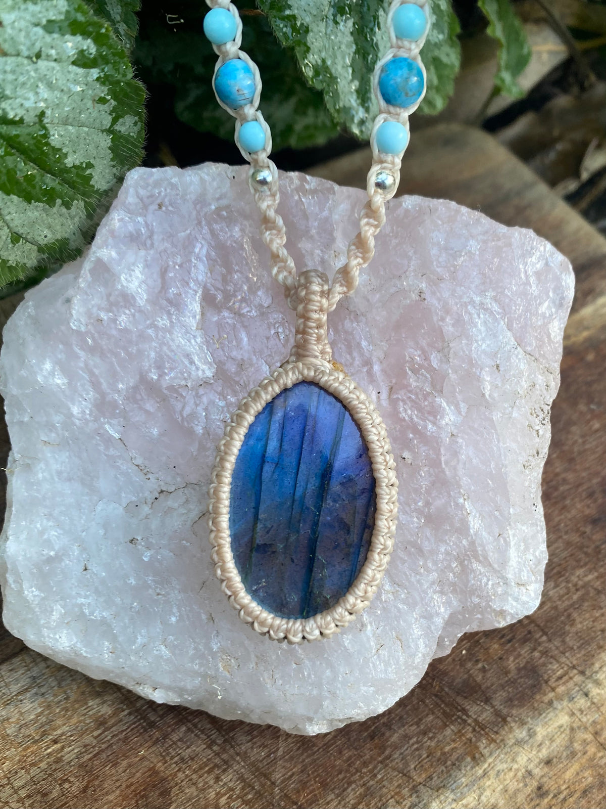 Blue Flash Labradorite Pendant: Beaded Macrame necklace, Adjustable Boho
