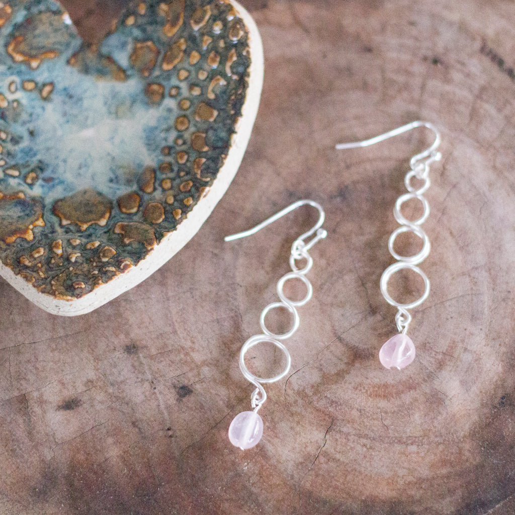 Natural Rose Quartz Gemstone Silver Earrings | Crystal Jewellery