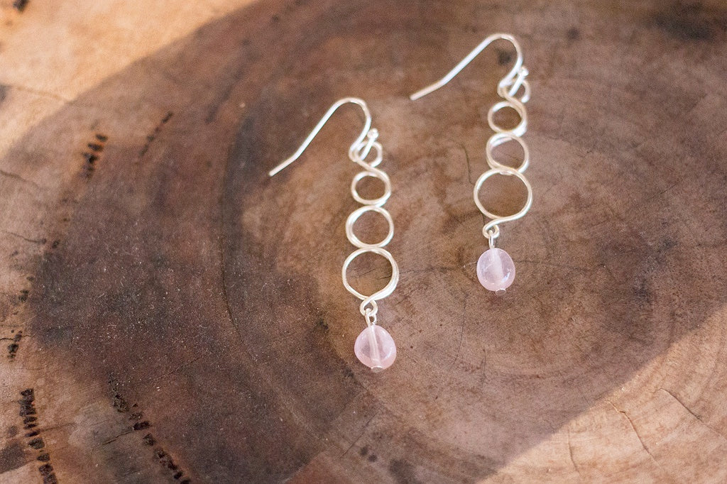 Natural Rose Quartz Gemstone Silver Earrings | Crystal Jewellery
