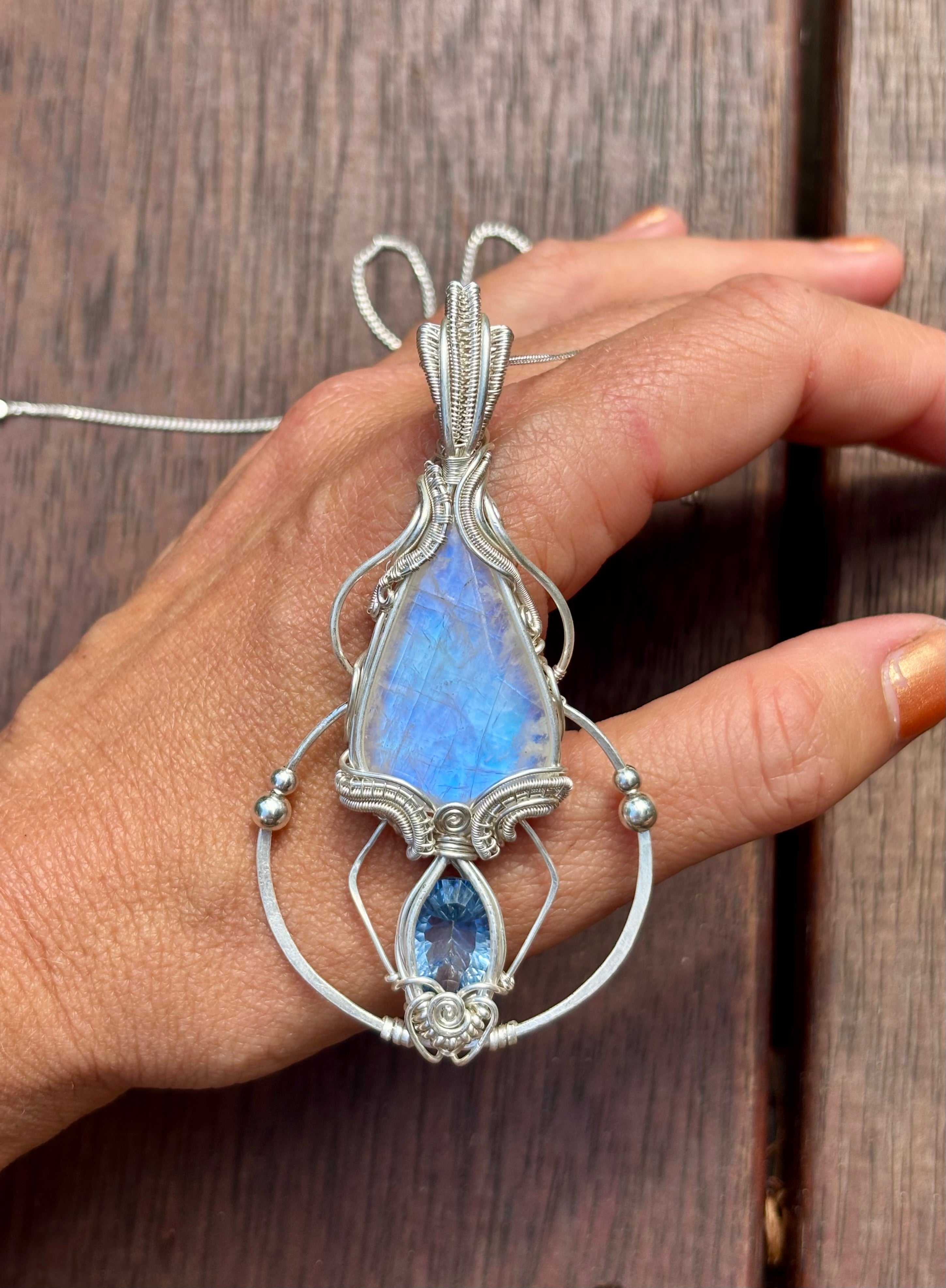 Moonstone, mystic Quartz fantasy geometry pendant