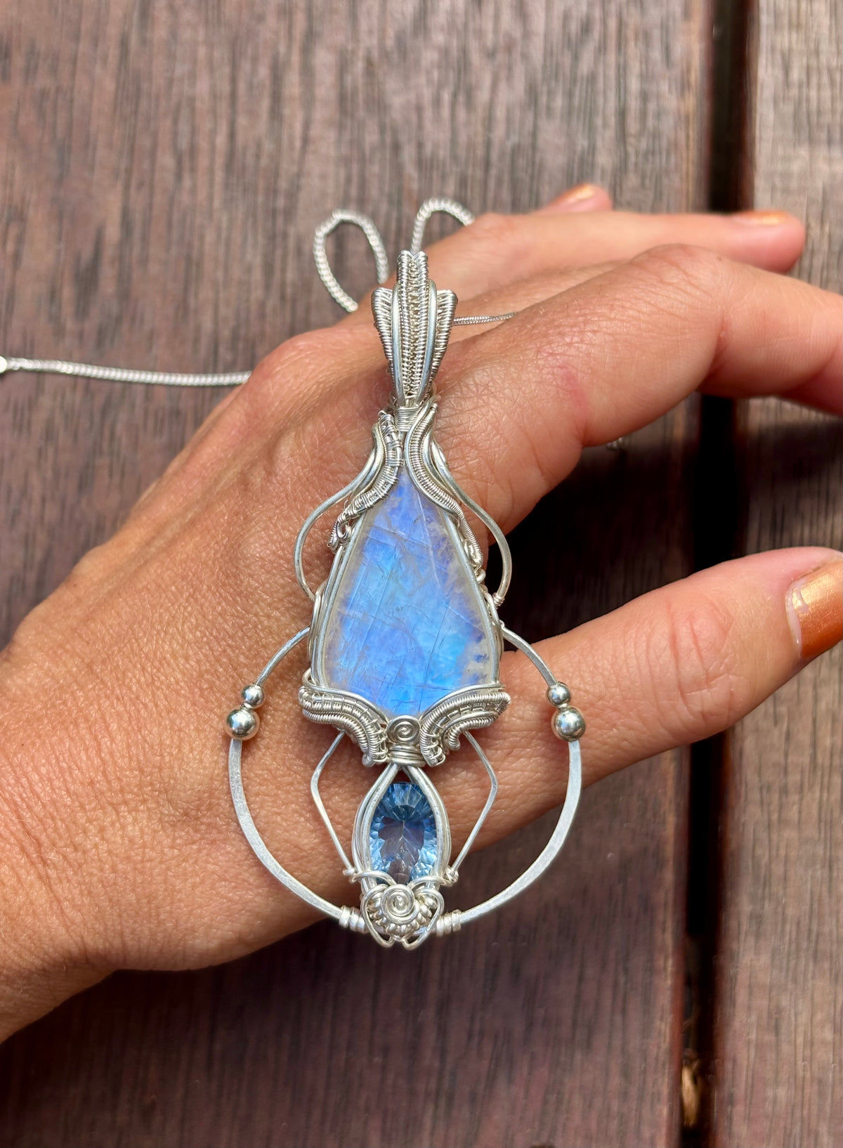 Moonstone, mystic Quartz fantasy geometry pendant