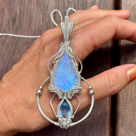 Moonstone, mystic Quartz fantasy geometry pendant