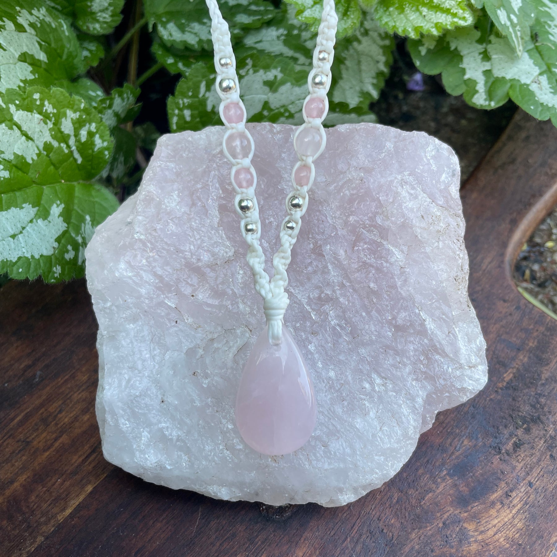 Rose Quartz Pendant, Tear drop, macrame Necklace, adjustable