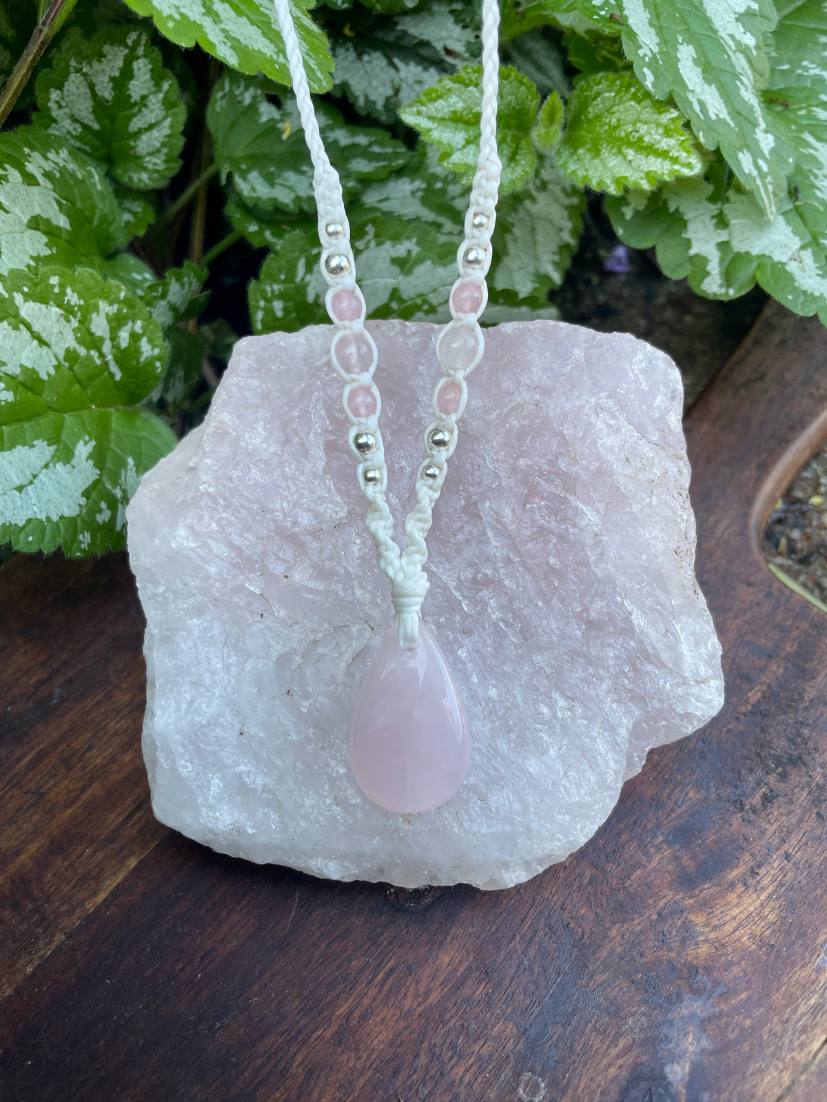 Rose Quartz Pendant, Tear drop, macrame Necklace, adjustable