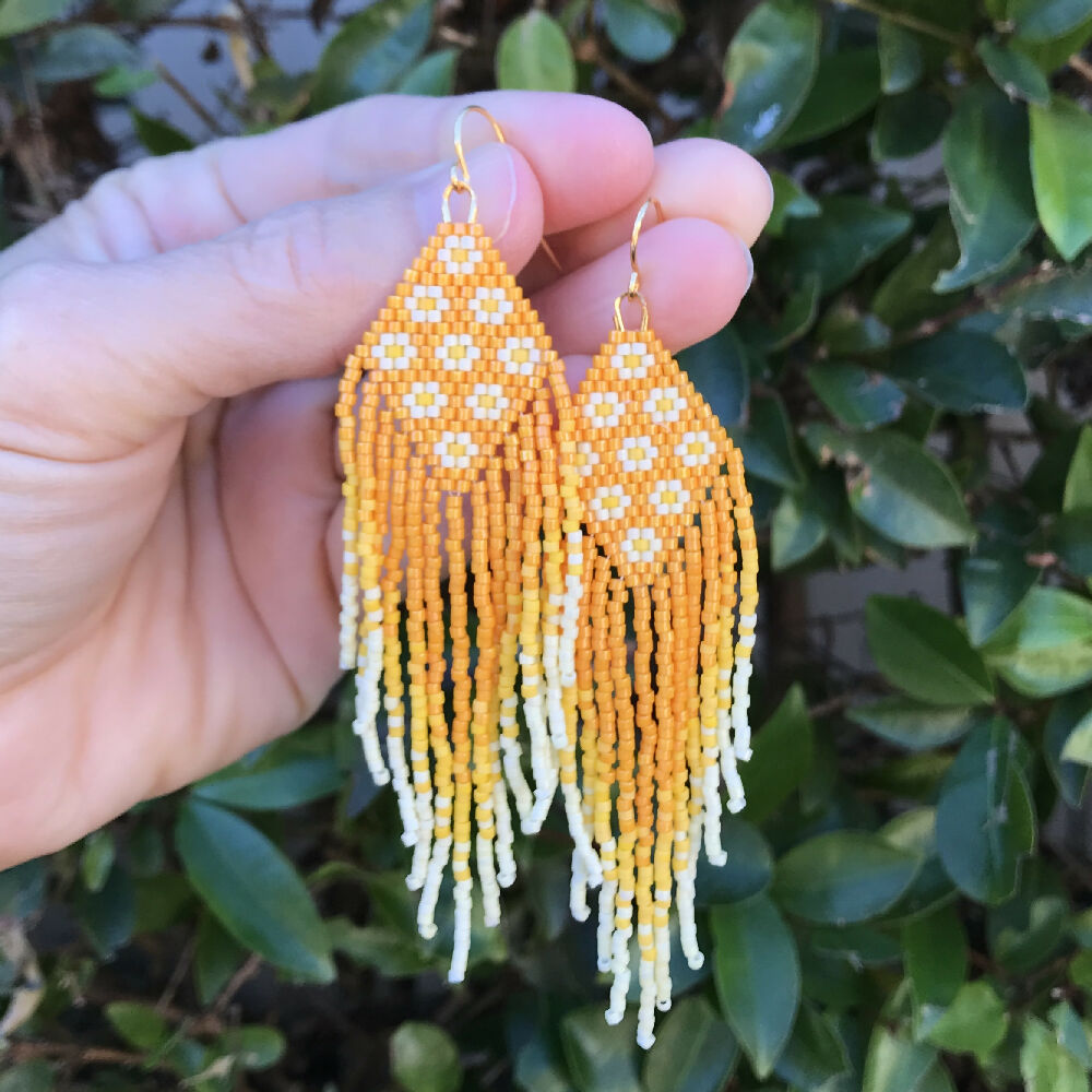 Handwoven seed bead fringe earrings - Marsh Marigold