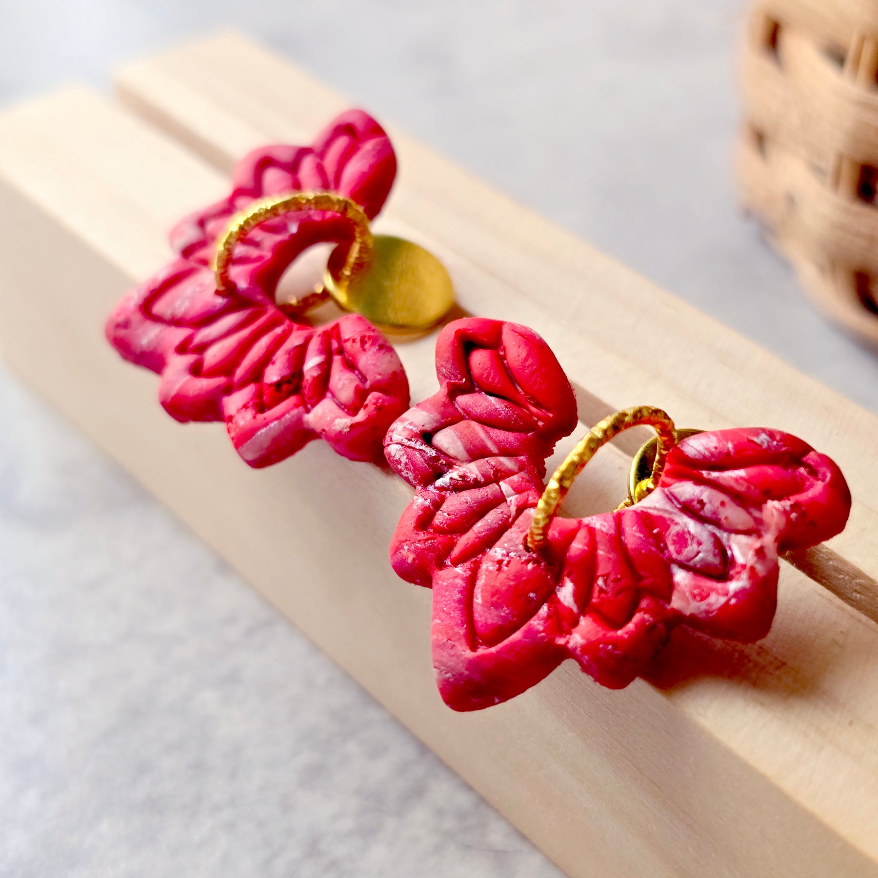 Red Marbled Floral 9k Gold Plated Earrings