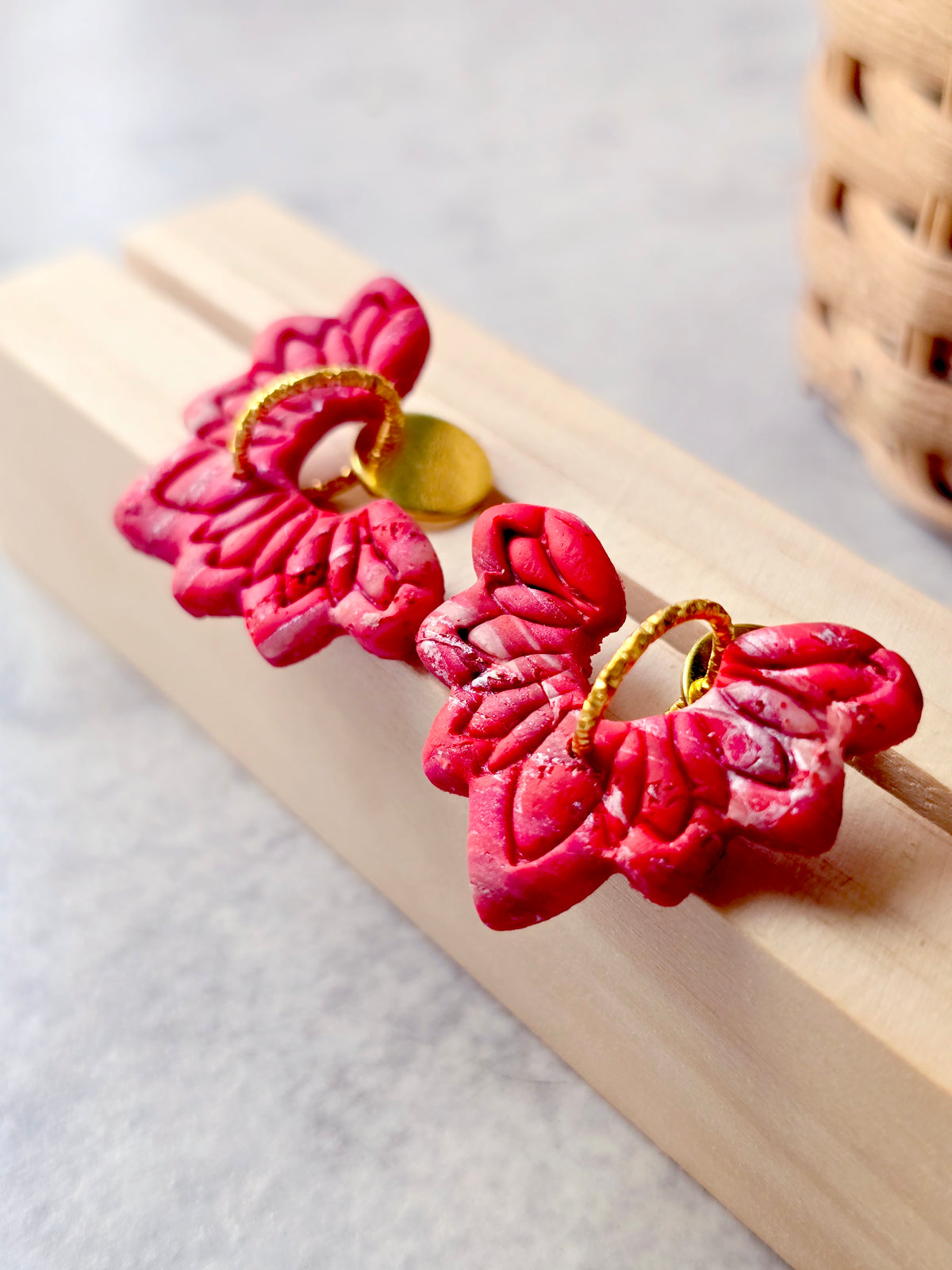 Red Marbled Floral 9k Gold Plated Earrings