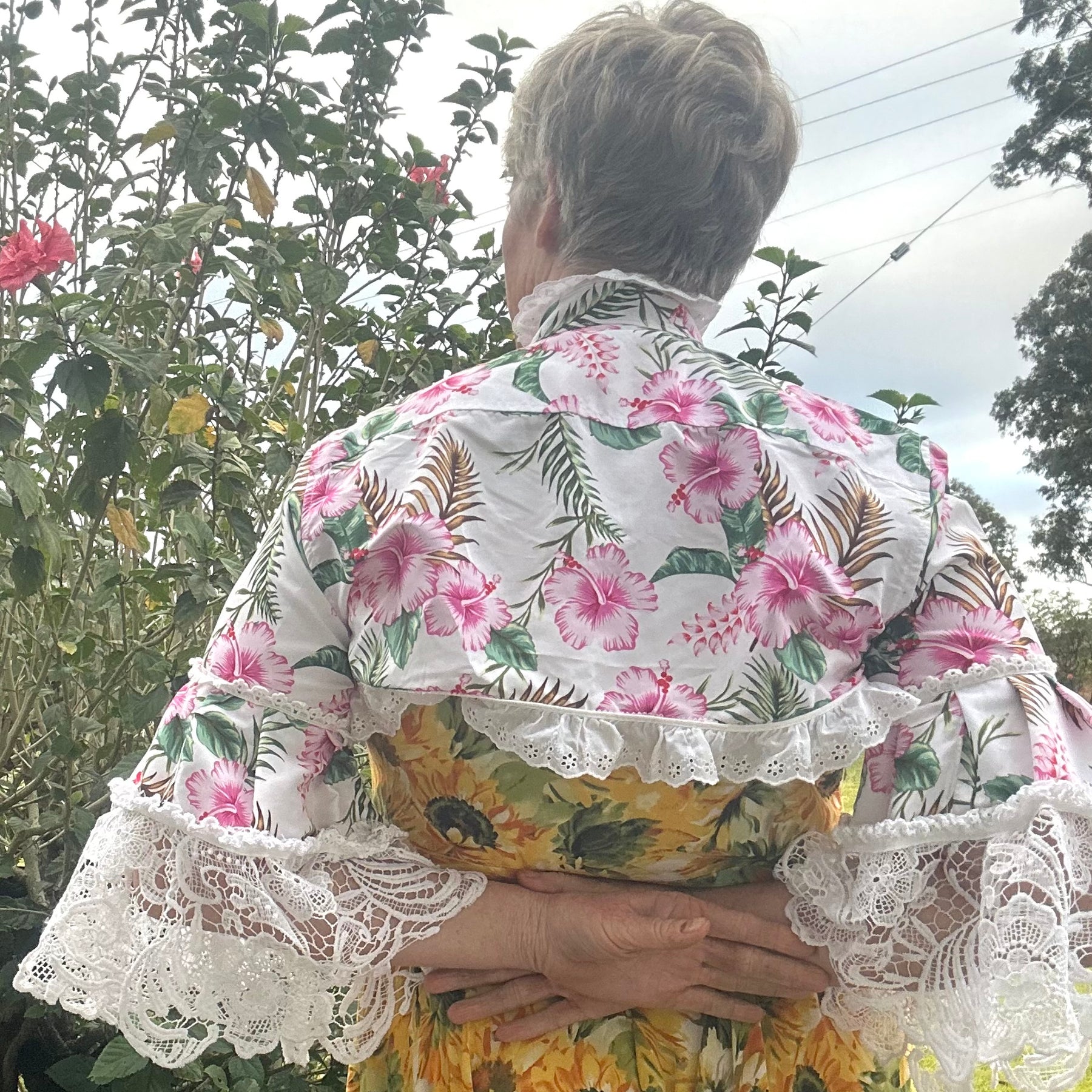 Upcycled Pink Hibiscus Bolero 3/4 Lace Sleeves