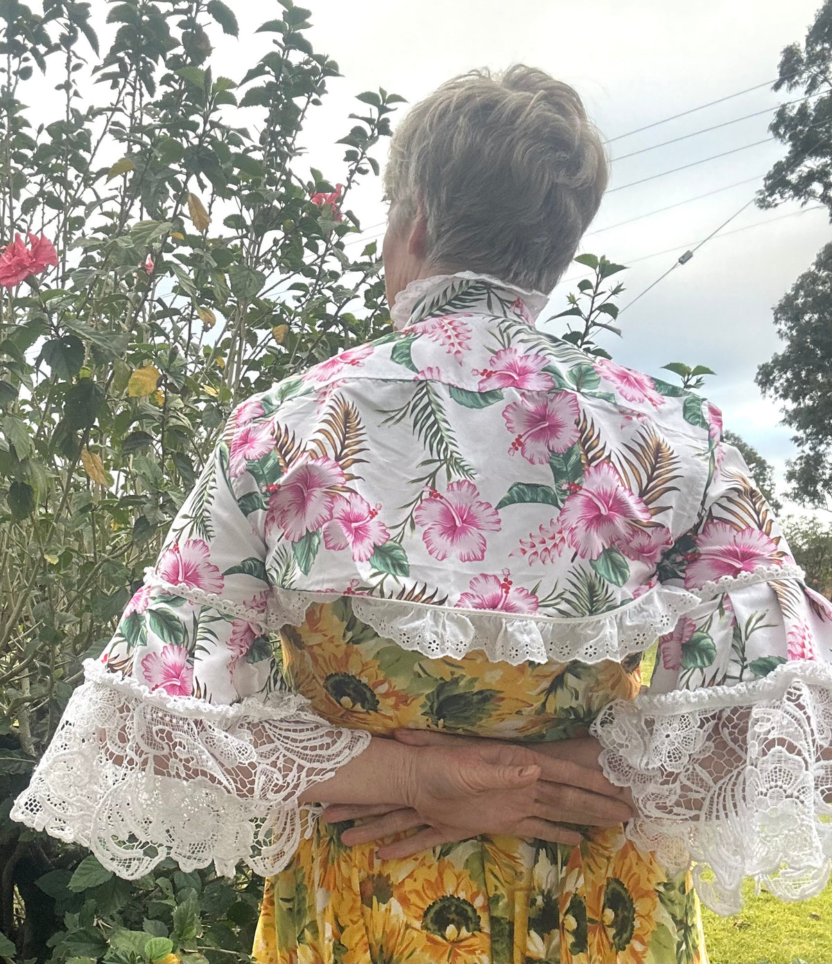 Upcycled Pink Hibiscus Bolero 3/4 Lace Sleeves
