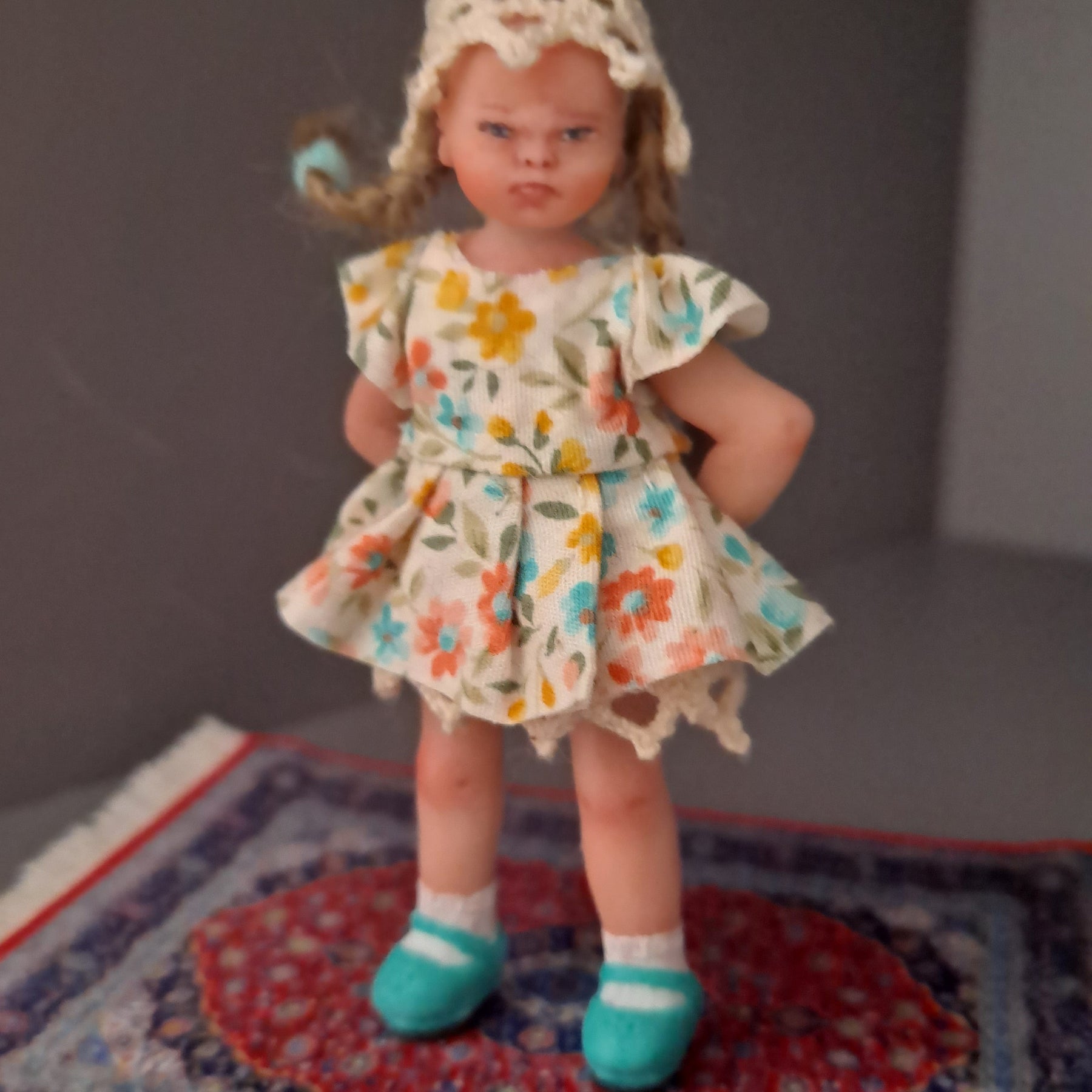 Grumpy Girl Art Doll – 1:12 Scale OOAK Collector Set with Teddy Bear, Rug