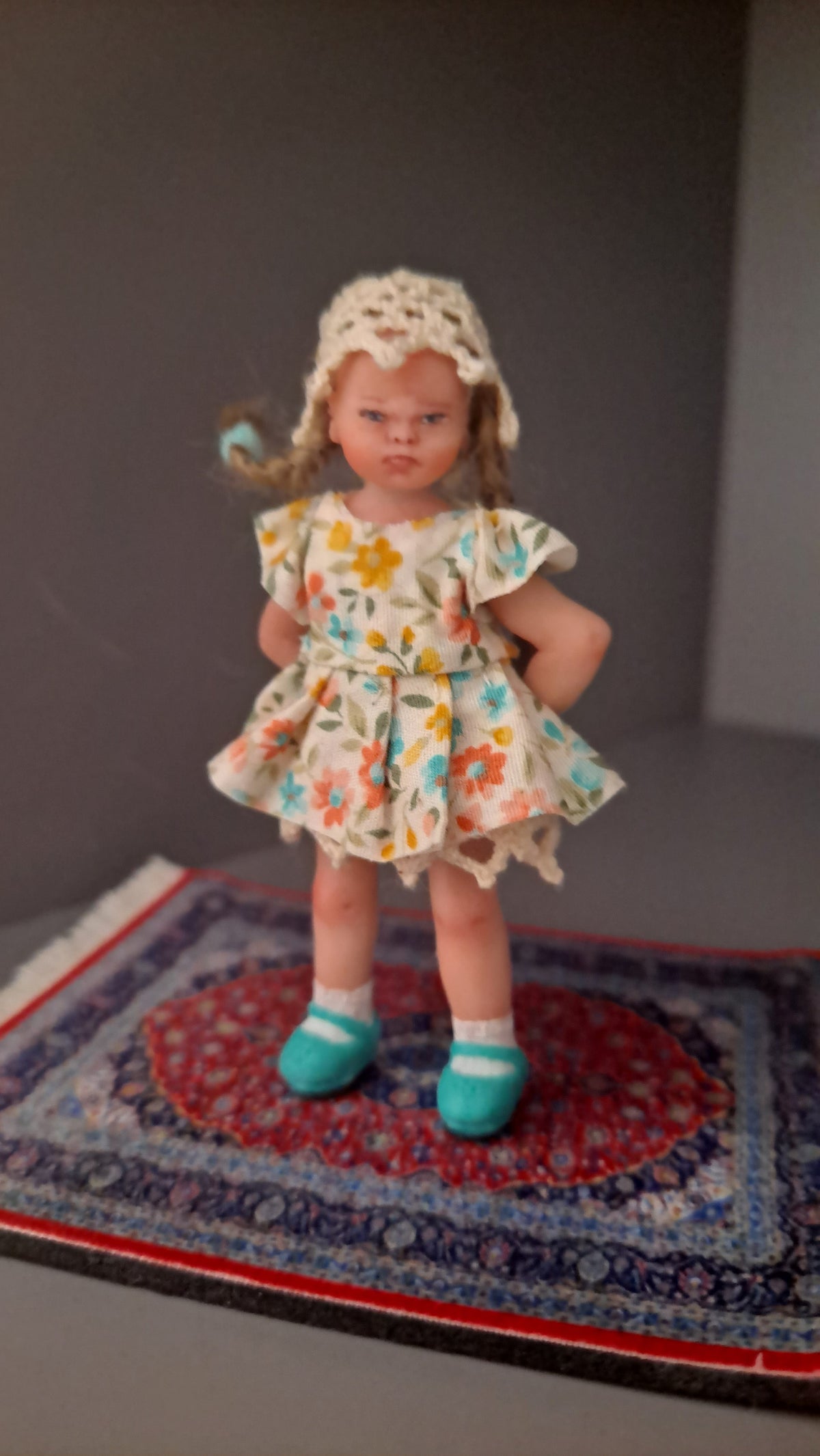 Grumpy Girl Art Doll – 1:12 Scale OOAK Collector Set with Teddy Bear, Rug