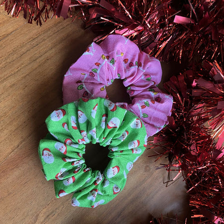 Green or pink Christmas fabric hair Scrunchies