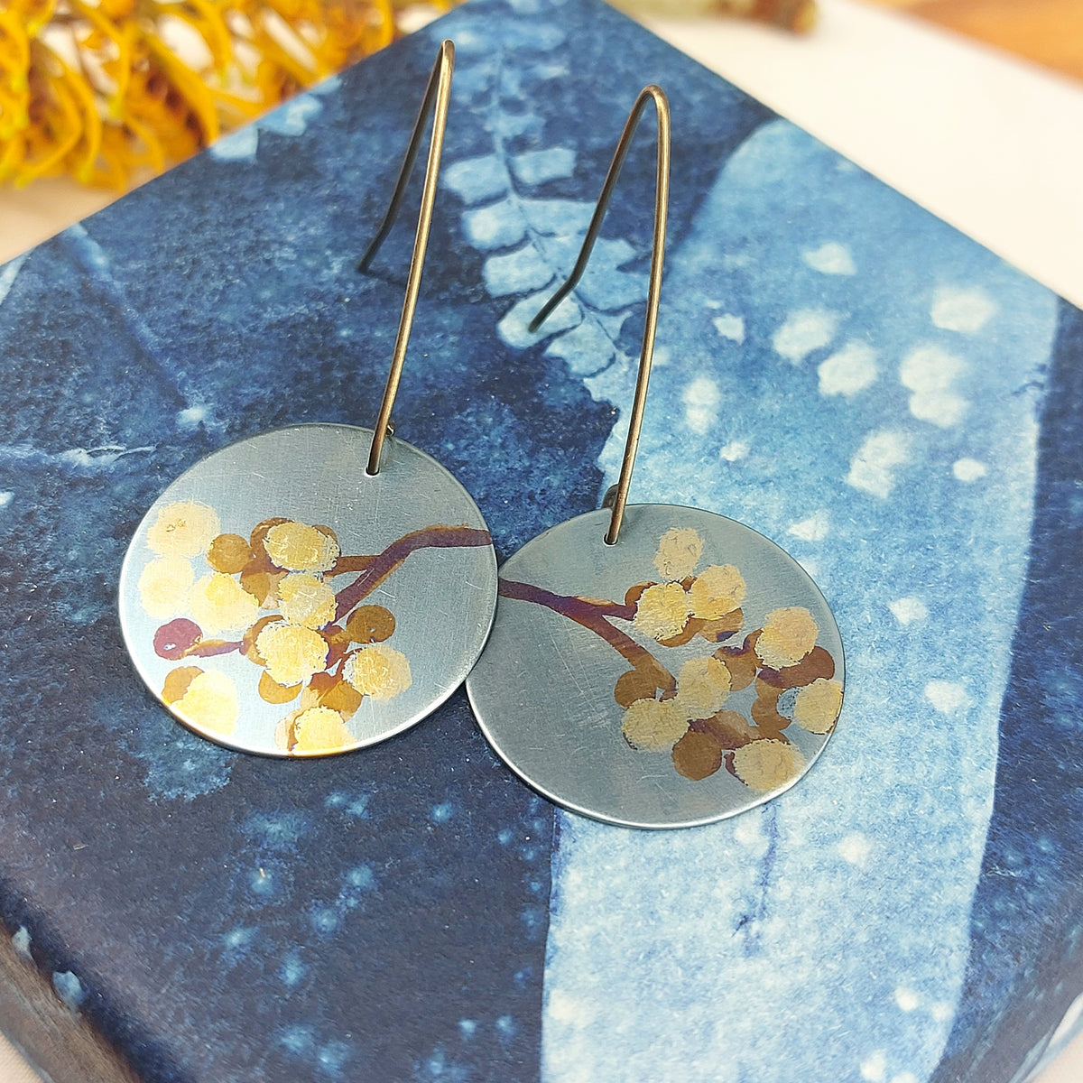 Titanium Disc Earrings with Wattle Design- Sky Blue, Yellow, Gold, Bronze